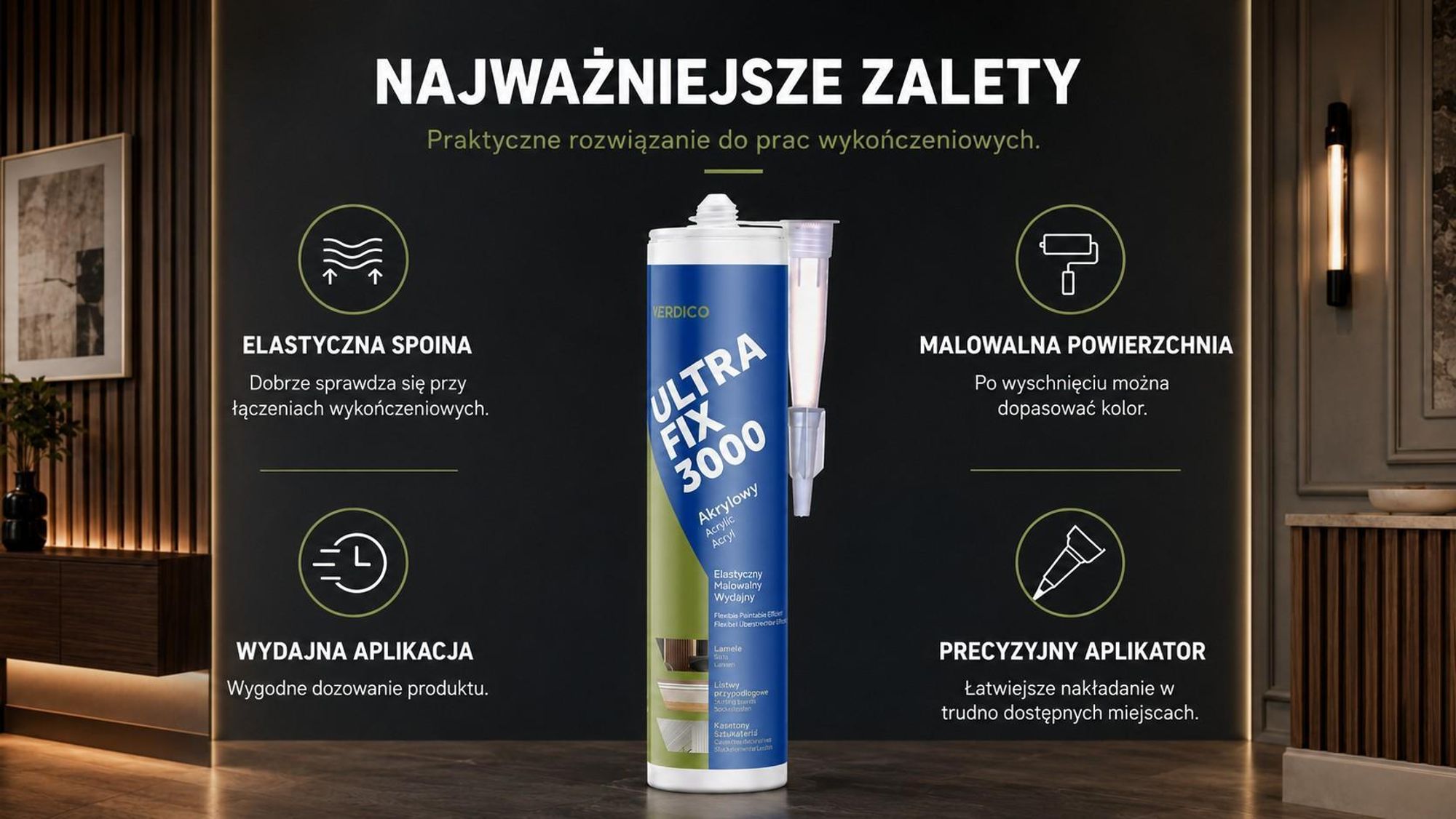 Montaż za pomocą kleju Ultra Fix 3000 w 3 krokach: przygotowanie, nałożenie kleju, dociskanie.