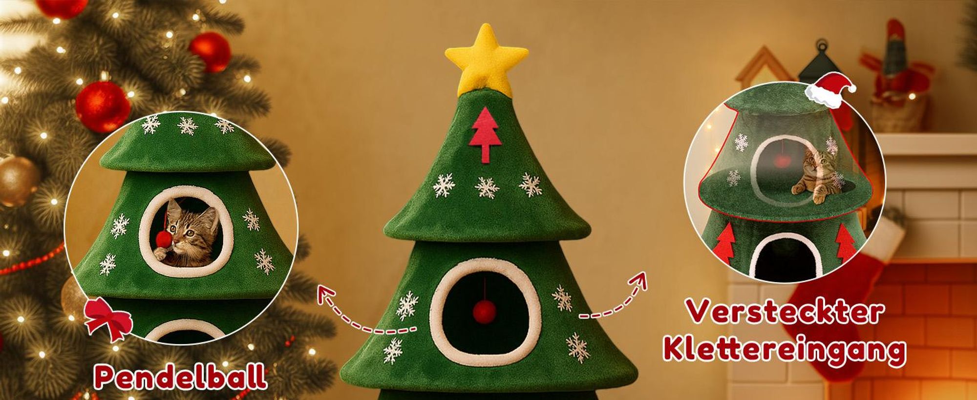 COMHOMA Kratzbaum 135 cm hoch, Weihnachtsbaum-Design, mehrstöckiger Katzenbaum mit Katzenhaus, mit Kratzsäulen Spielball Stabiler Kletterbaum für Katz