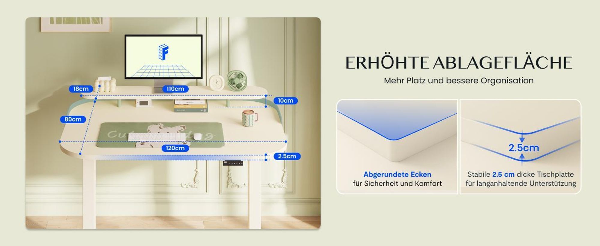 FLEXISPOT E1 Pro Elektrisch Höhenverstellbarer Schreibtisch 120x80cm 25MM EINTEILIGE TISCHPLATTE Doppelmotor 120KG Tragkraft 4 Speicherplätze, Mousseweiß+Mintgrün