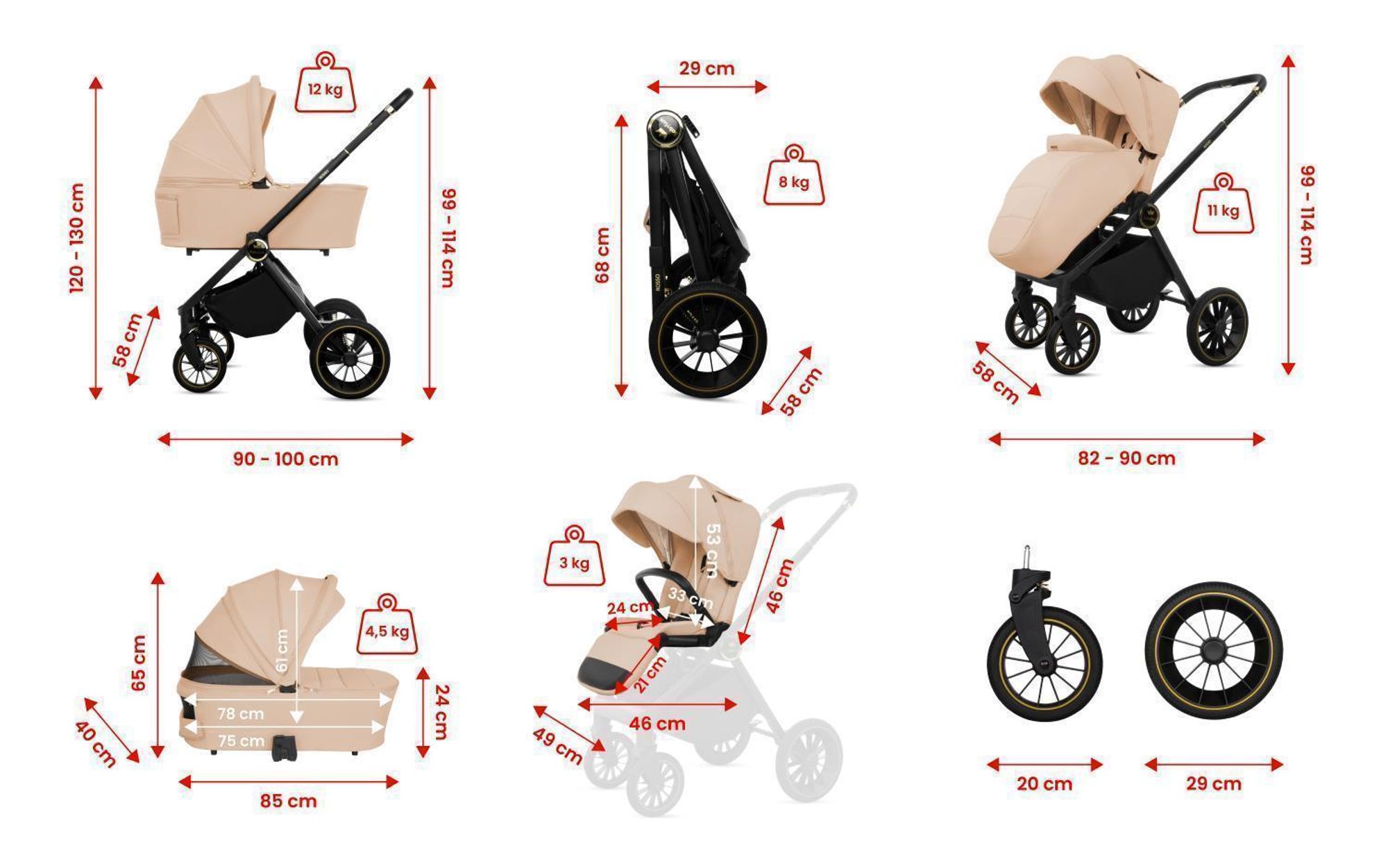 BabyLux® Passeggino Multifunzionale 3in1 ROSSO, Beige, Navicella, Passeggino, Seggiolino auto, Accessori, Leggero e Compatto, 0-22 kg, UV50+