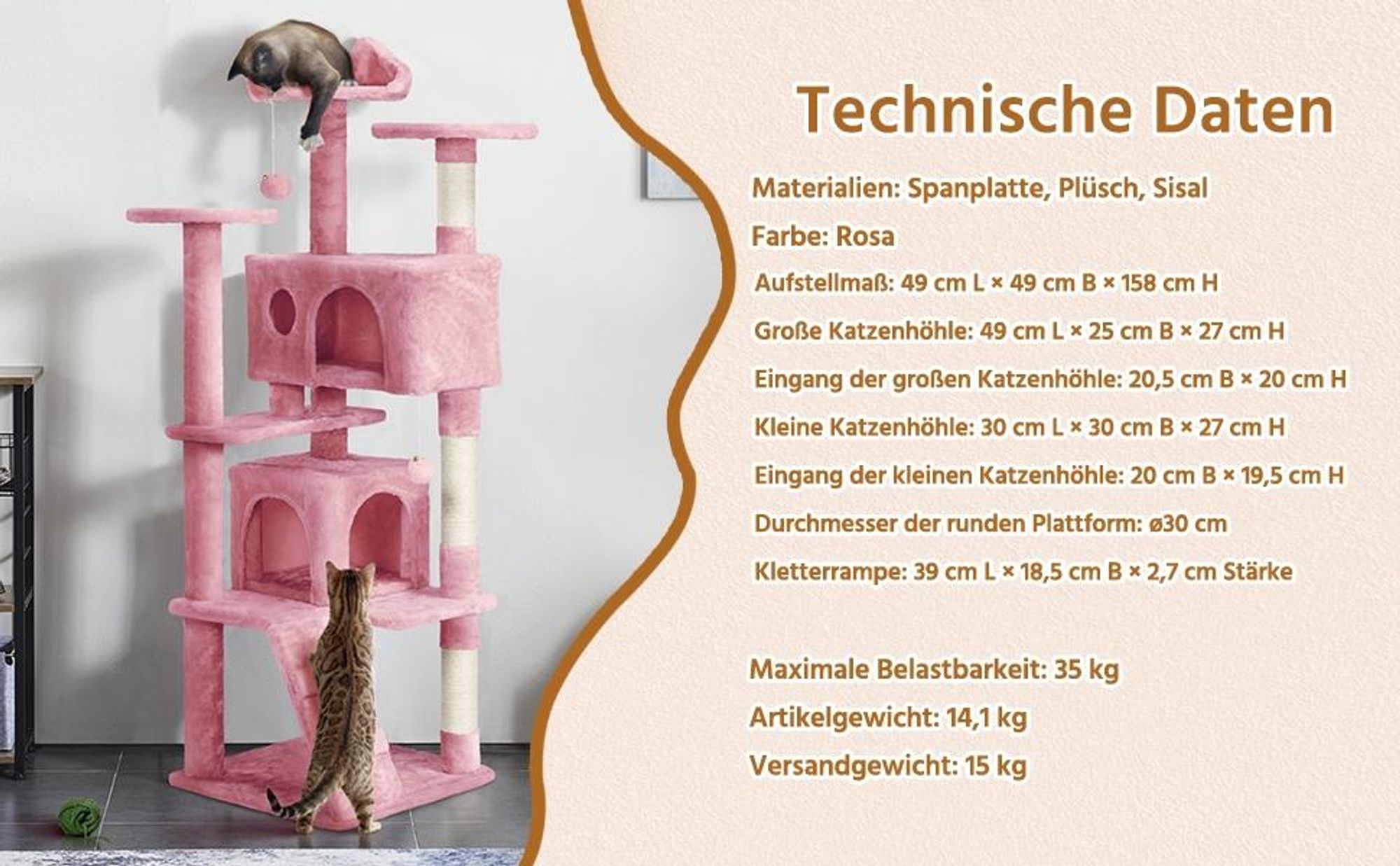 Yaheetech Kratzbaum 158 cm hoch, stabiler Katzenkratzbaum, Katzenbaum Katzenmöbel, Kletterbaum für Katzen, Rosa