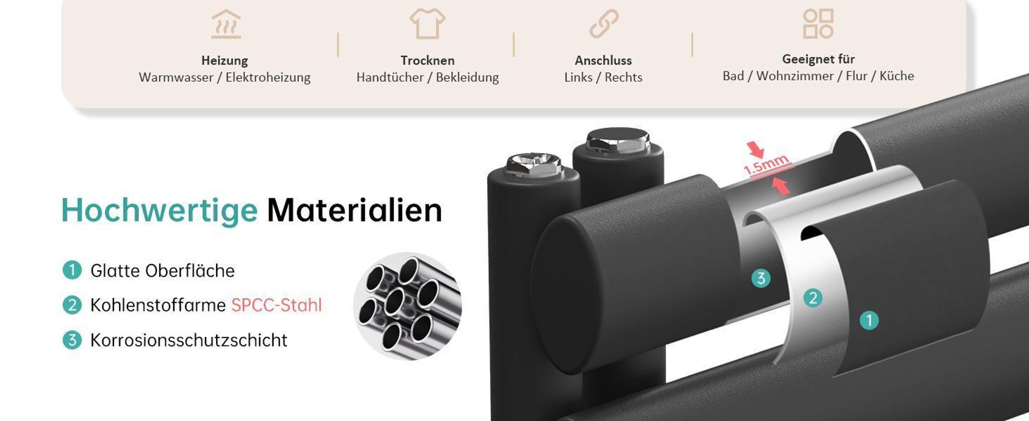 EMKE Badheizkörper Oval Röhren Badheizkörper Handtuchwärmer Rohrheizkörper Vertikal Seitenanschluss für Wasser Anthrazit 174×60cm ohne Heizstab