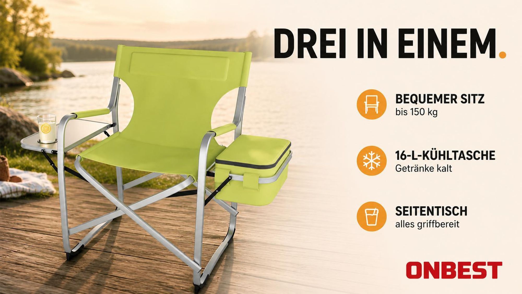 ONBEST Campingstuhl | mit 16L Kühltasche | Seitentisch | 150 kg | Getränkehalter | Oxford 600D*300D Gewebe