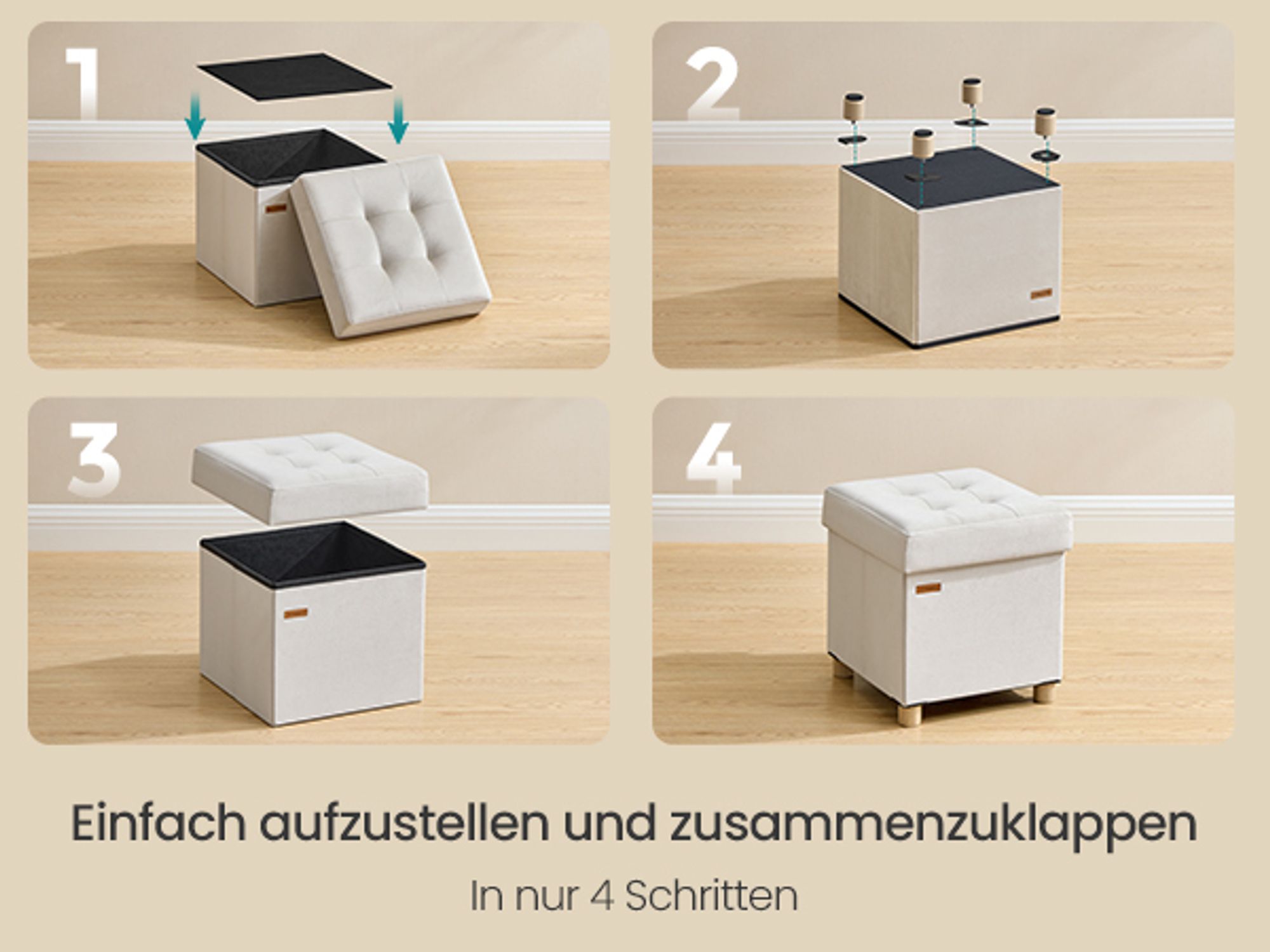 SONGMICS Sitzhocker mit Stauraum, Hocker faltbar, 38 x 38 x 40 cm, Aufbewahrungsbox mit Deckel, Fußhocker 37 L, Samt, bis 300 kg belastbar