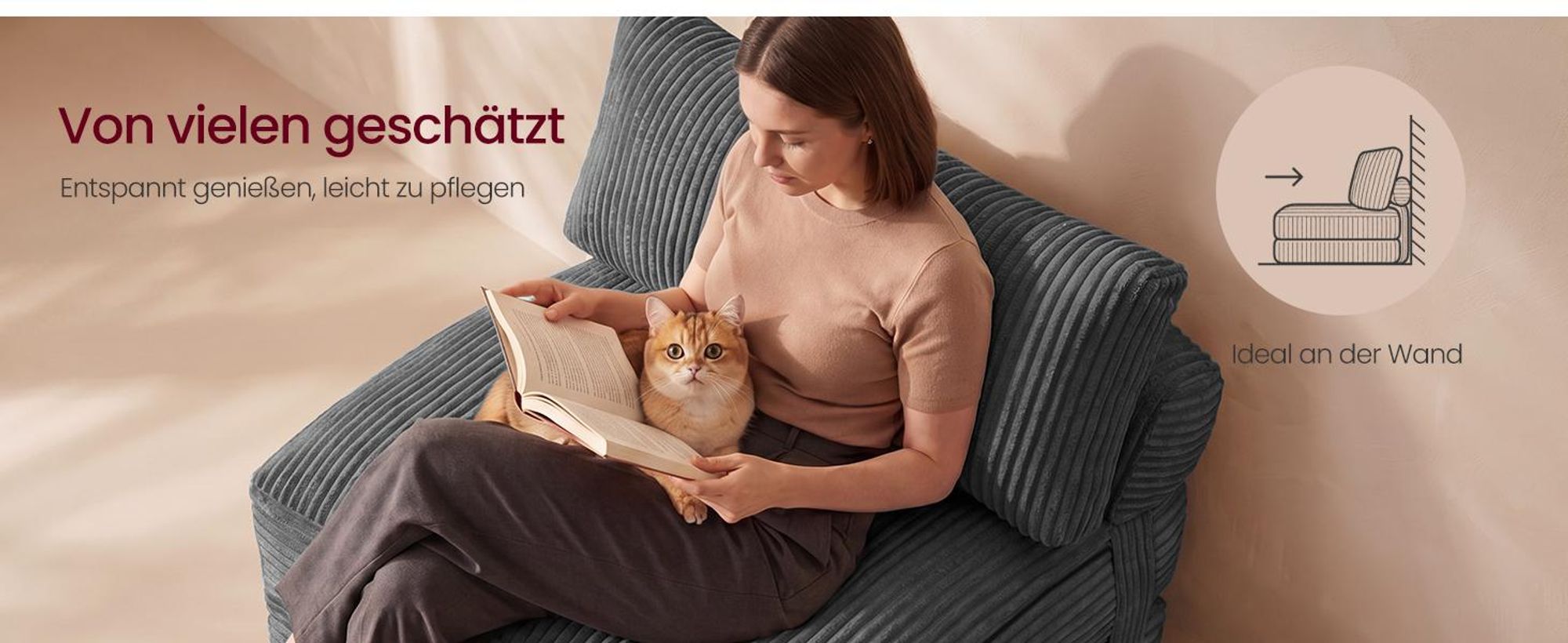 VASAGLE Faltbarer Schlafsessel aus Cord und Schaumstoff, Sofabett mit Kissen, 89 x 89 x 78 cm / 89 x 195 x 43 cm, Grau