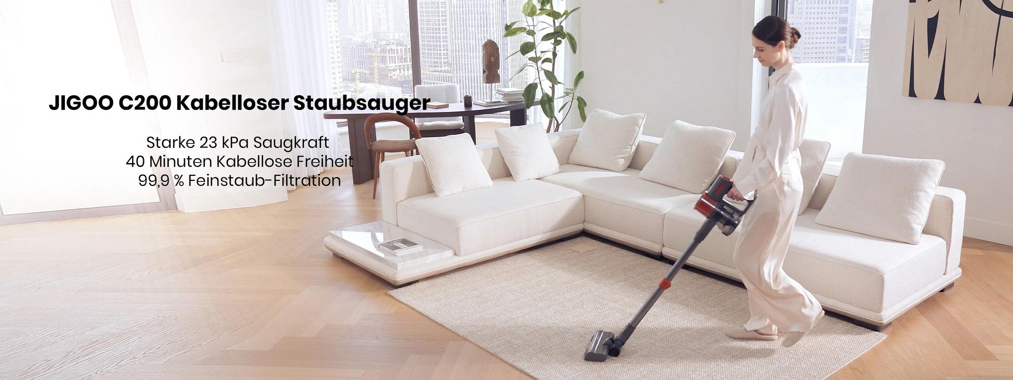 JIGOO C200 Kabelloser Staubsauger, 23 kPa Saugkraft, 40 Min Laufzeit, LED-Anzeige, Anti-Tangle-Bürste, Teleskoprohr, 2 Modi