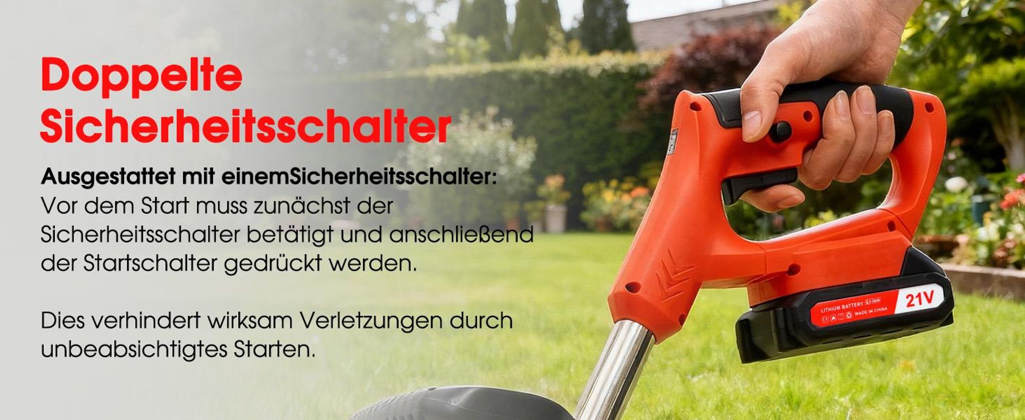 Akku Rasentrimmer, Handgeführte Rasenmäher mit3000mAh Akkus und 4 Messern, Handgeführter Akku-Rasenmäher 21V 2*1.5Ah Akkus, verstellbar