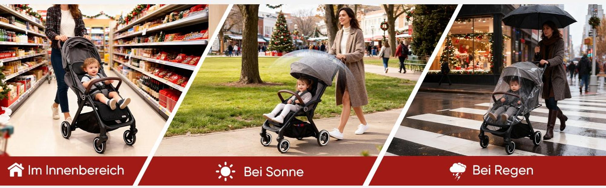 Sekey Kinder Buggy Reise Kinderwagen bis 22 kg verstellbare Rückenlehne, Regenschutz und Sichtfenster, Einhand-Faltmechanismus, Schwarz und Grau