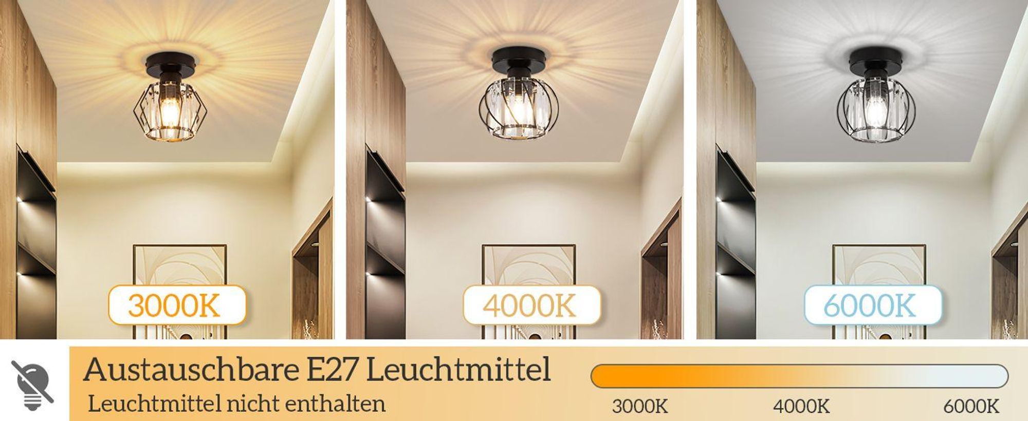 Plafonnier ZMH, cristal, noir, design moderne, idéal pour couloir, lampe de plafond vintage, douille E27, lampe de cuisine intérieure en métal (sans ampoule)