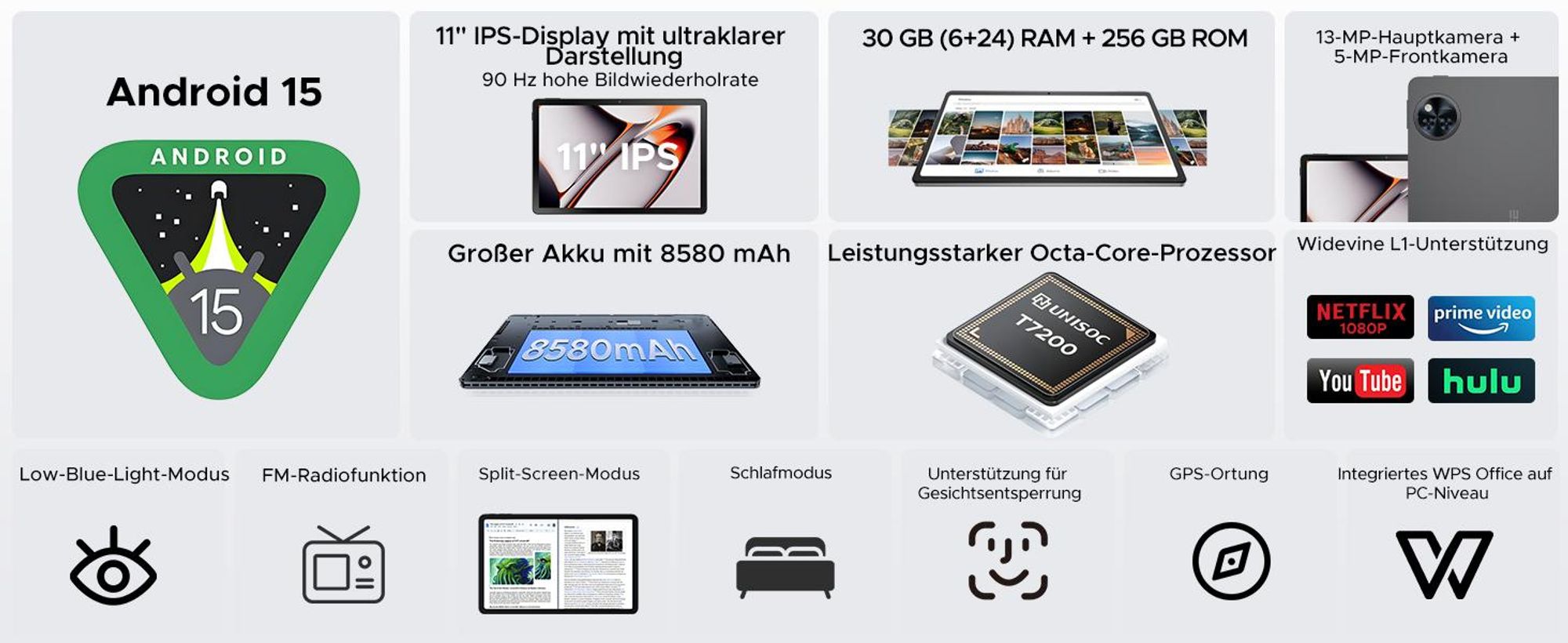 DOOGEE U11 Pro VIP Android 15, 11 Zoll, 30(6+24)GB+256GB(bis 2TB erweiterbar), 90Hz, 8580mAh, Zubehör-Set, Widevine L1, 5G WiFi