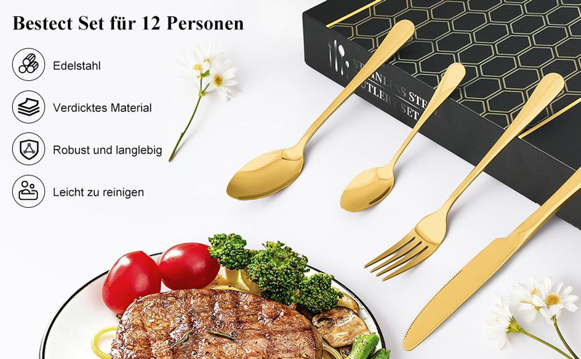 CMYbabee Besteck Set 48-teilig Gold, Edelstahl Besteck Set mit Messer, Gabel und Löffel, Besteck set 12 personen – Spülmaschinenfest, Gold