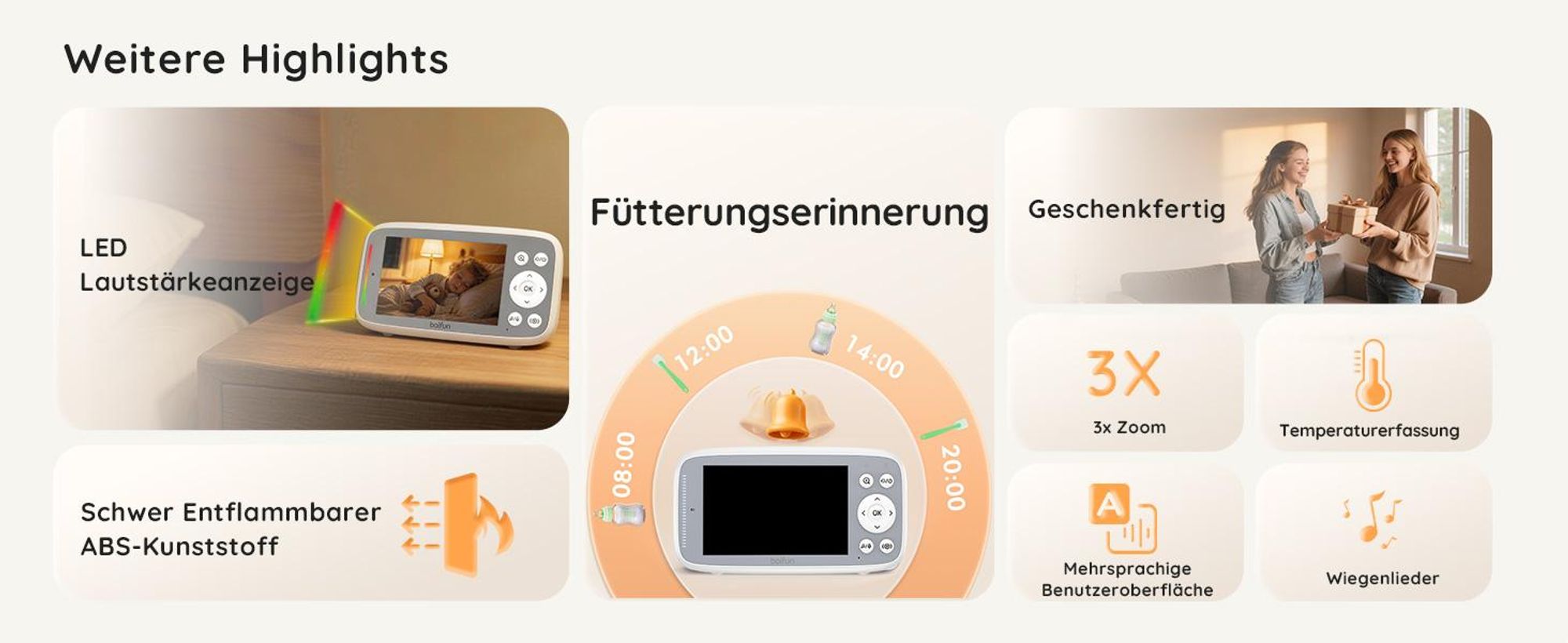 BOIFUN Babyphone mit 2 Kameras Ohne WLAN 4 Zoll 720P Monitor Nachtsicht Schallerkennung Einfach zu bedienen 2 Wege Audio 3X Zoom mit Halterung