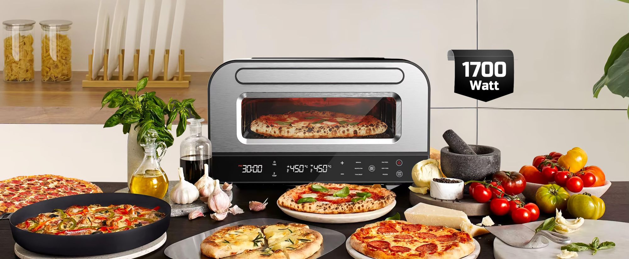 BOLKANI Elektrischer Pizzaofen mit Pizzastein & Pizzaschieber – 450°C für knusprige Steinofen-Pizza in 2 Minuten – 1700W, Timer Innenbeleuchtung.