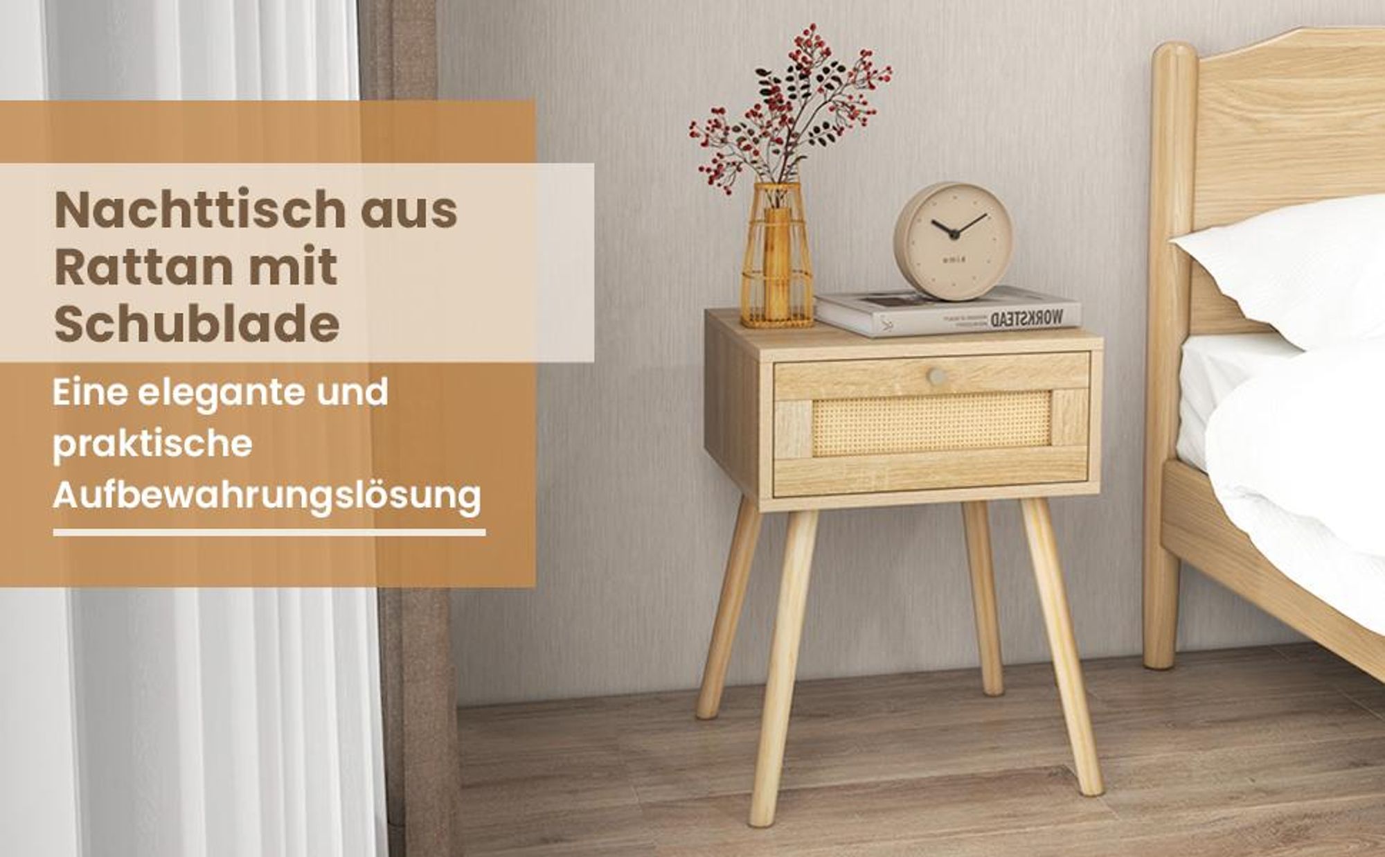 COSTWAY Nachttisch mit Schublade, Beistelltisch mit Rattan-Design, Nachtkommode, Nachtkonsole, Sofatisch für Schlafzimmer, Wohnzimmer, Eiche, 40 x 40 x 55 cm