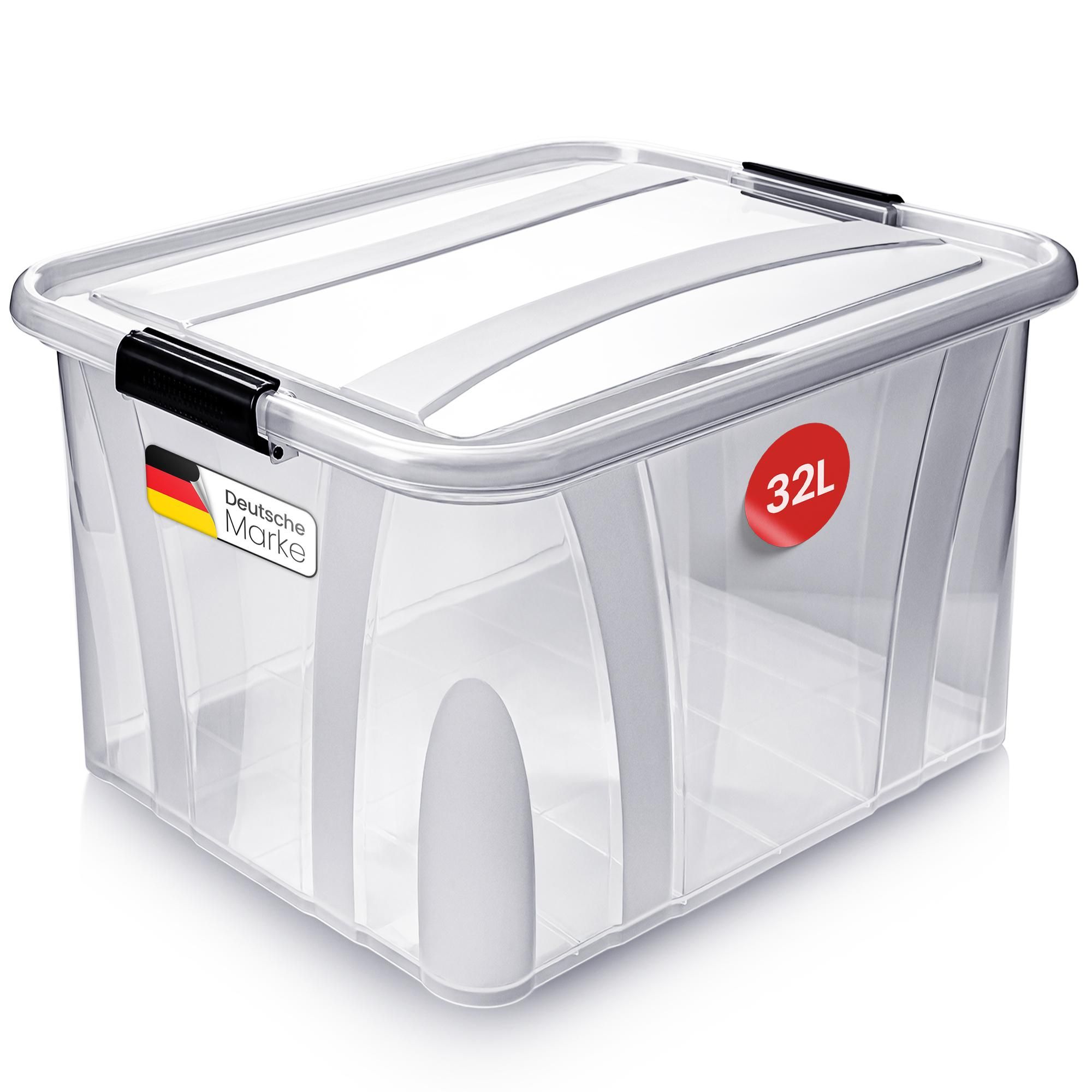 KONZEPT Aufbewahrungsbox 32 L mit Deckel – transparente Kunststoffbox, stapelbar, BPA-frei, verstärkter Boden, robuste Verschlussclips