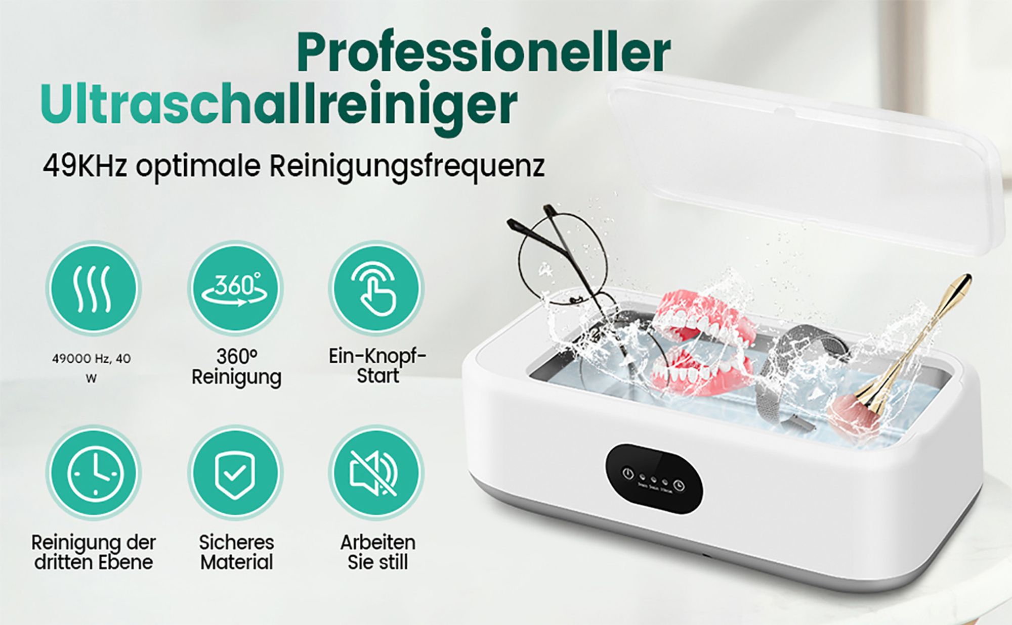 Ultraschallreinigungsgerät, 49000Hz Ultraschallreinigungsgerät Brillen, 640ml Brillenreinigungsgerät mit 3 Zeitfunktionen, Ultraschallreiniger