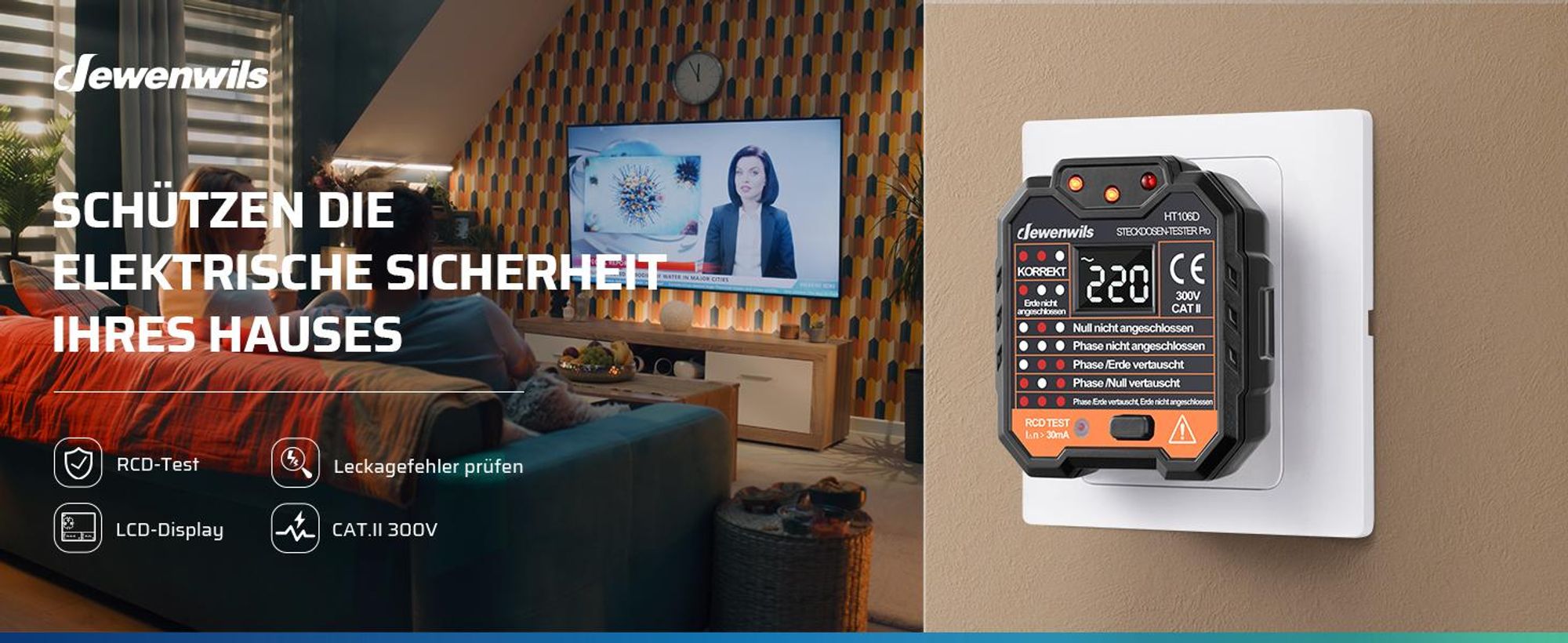 DEWENWILS Strommessgeräte mit RCD-Prüfung, Steckdosentester, spannungsprüfer, Stromprüfer, FI Test