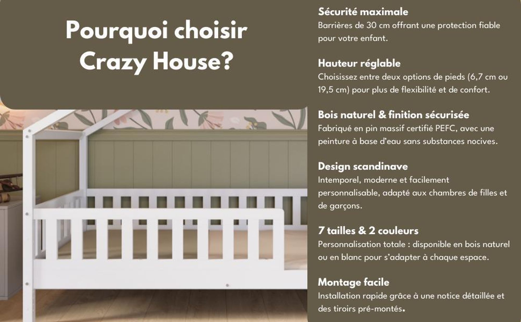 Crazy Pine Lit cabane 140x200 cm - Lit d'enfant en blanc - Lit au sol avec pieds réglables en hauteur et barrière amovible - Crazy House