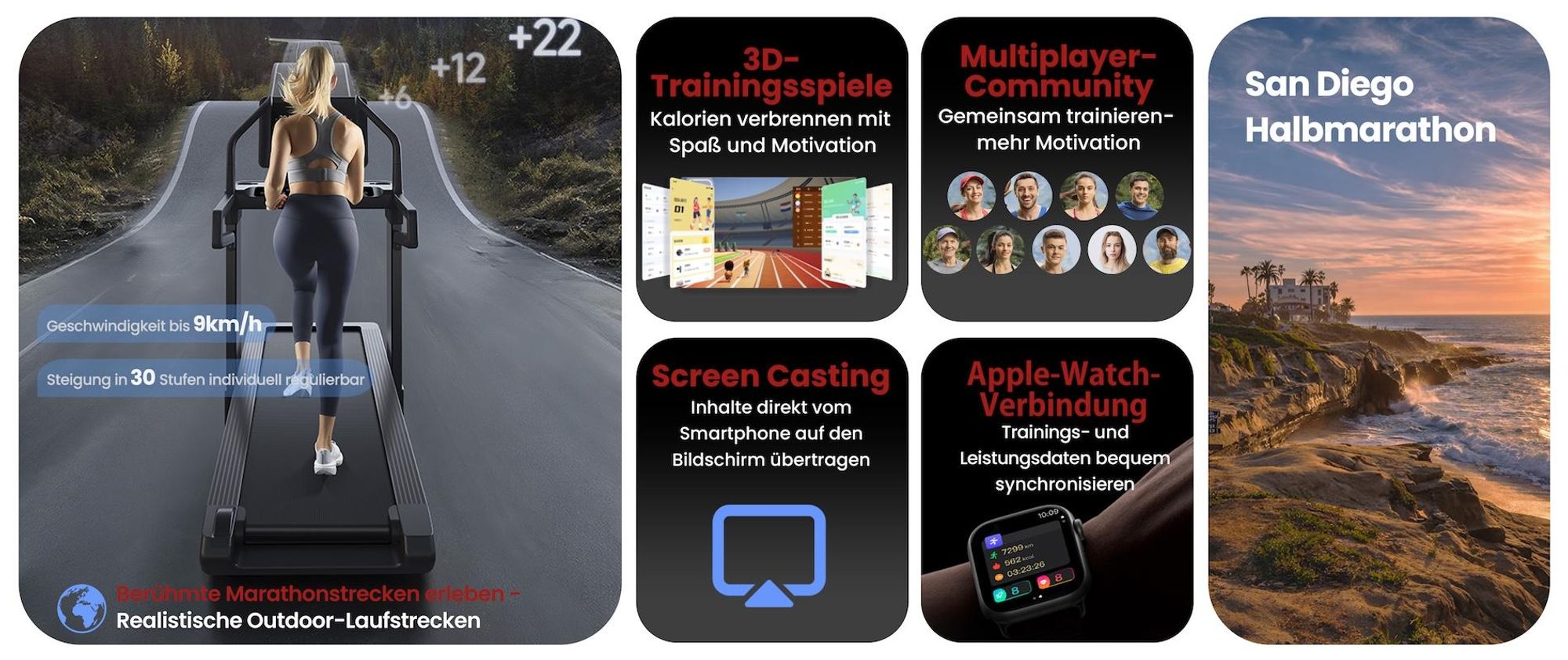 Laufband klappbar AsVIVA T30 Heimtrainer bis 20 km/h -6% bis 46% Steigung mit 21,5" Touchdisplay Bluetooth bis 150kg