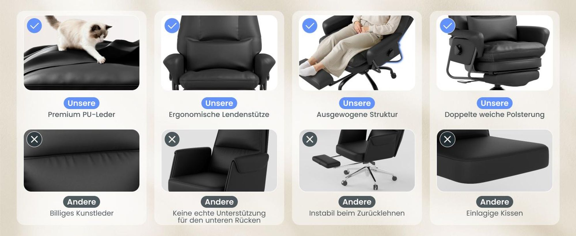 FLEXISPOT 3-in-1 Ergonomischer Bürostuhl mit 165° Liegefunktion, Ausziehbarer Fußstütze, Dickem Komfortpolster und Höhenverstellung (Schwarz)