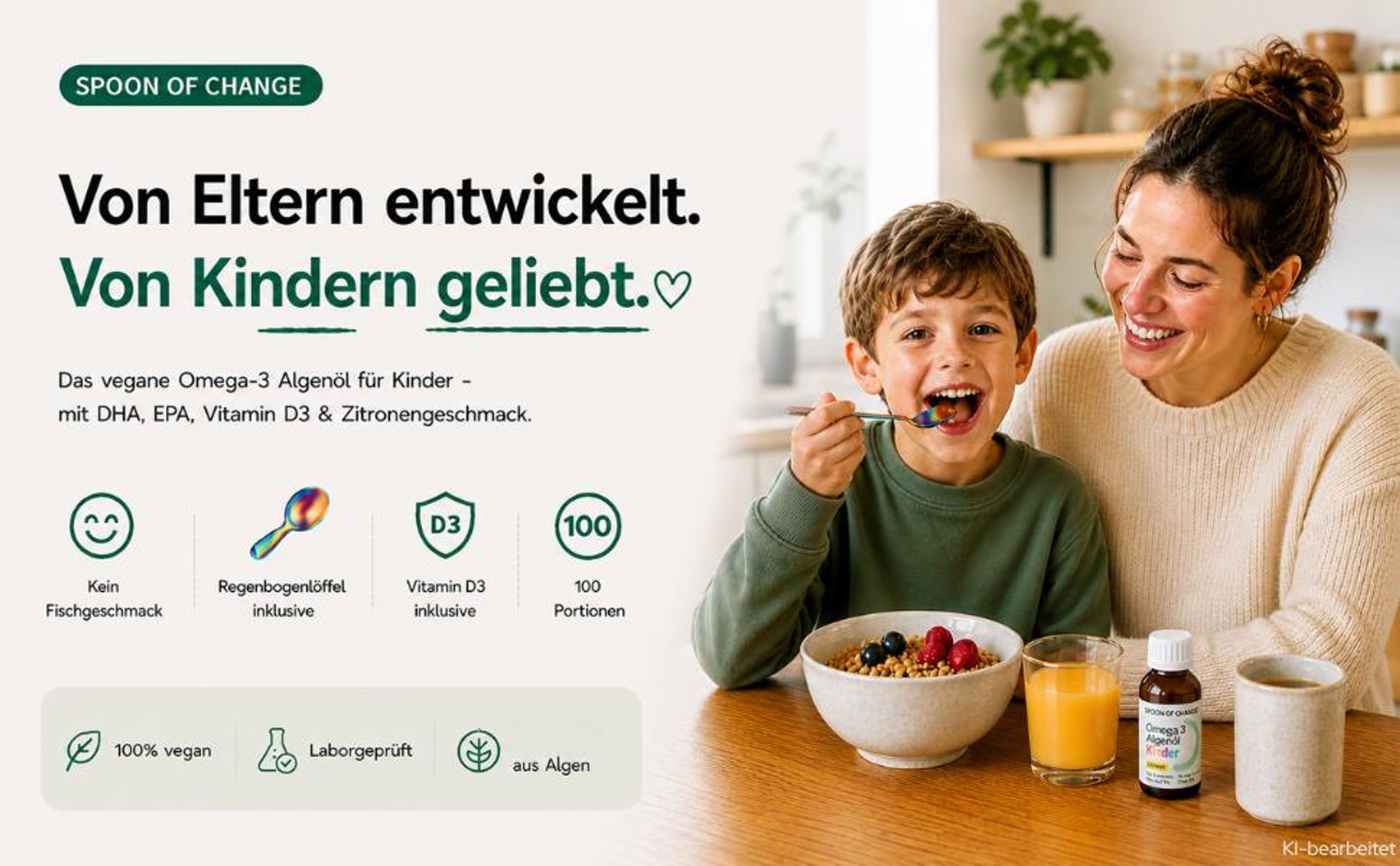 Omega-3 Algenöl Kinder ab 3 - DHA & EPA + Vitamin D3 - ohne Fischgeschmack - 100 Portionen -mit Regenbogenlöffel - 305 mg Omega 3 pro Tag