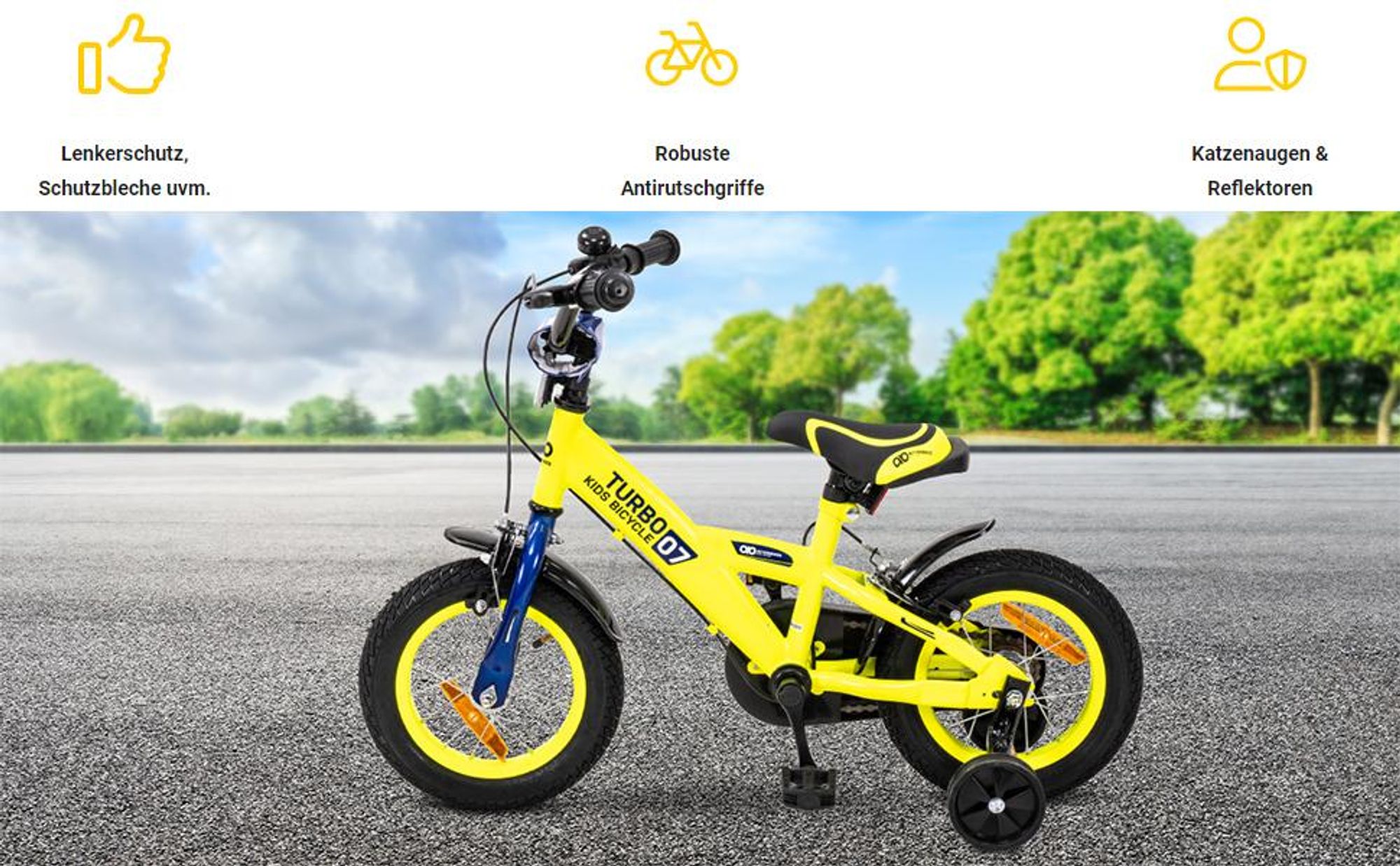 Actionbikes Kinderfahrrad Turbo 12 Zoll | Kinder Fahrrad - V-Brake Bremsen - Kettenschutz - Jungenfahrrad - Junge - Stützräder - 2-5 Jahre (Gelb/Blau)