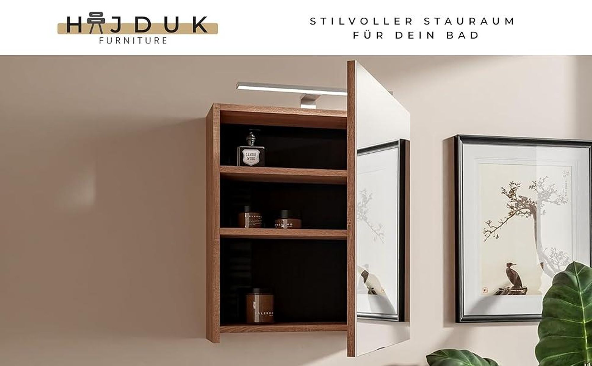 HAJDUK FURNITURE Spiegelschrank Bad mit LED Beleuchtung 50x60 cm Eiche Sonoma Badschrank mit Spiegel Ablage und Griffloser Öffnung Aufsatzleuchte