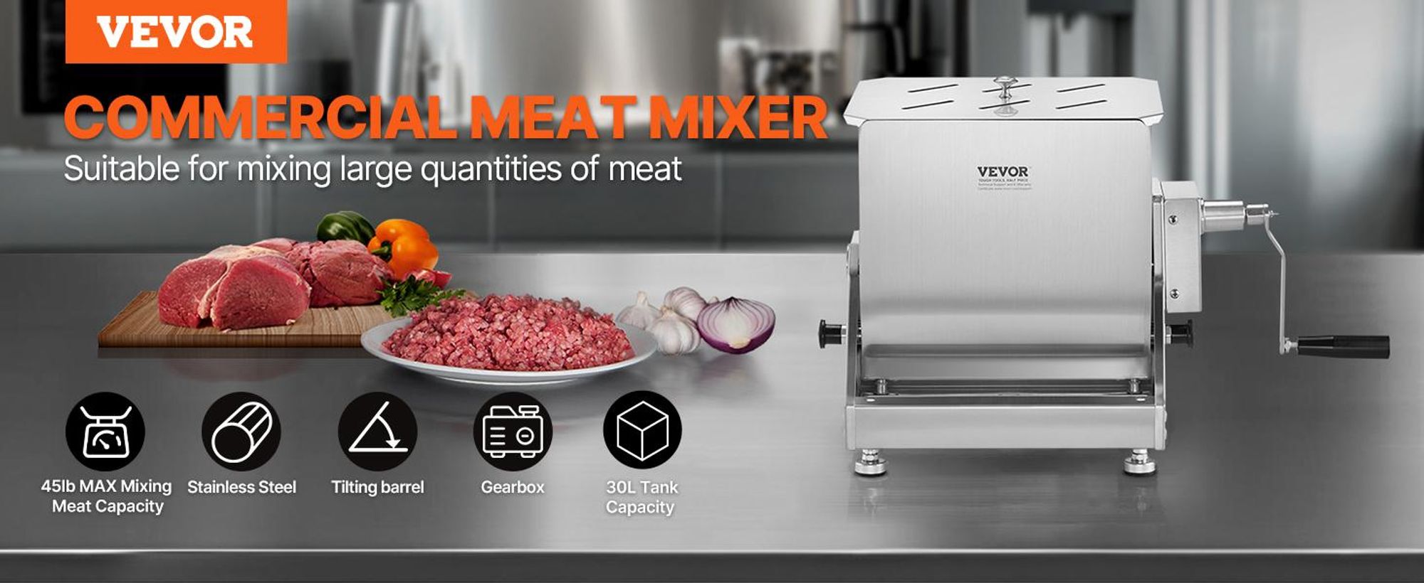 VEVOR Handbetriebs Fleischmischer, 80L Festtank Fleischverarbeitungsgerät (Maximale Mischung 80LBS für Fleisch), Edelstahl Fleischmischer, Wurstmischmaschine mit Deckel, Handgetriebe, Hackfleisch Handmischer, 30 L-a