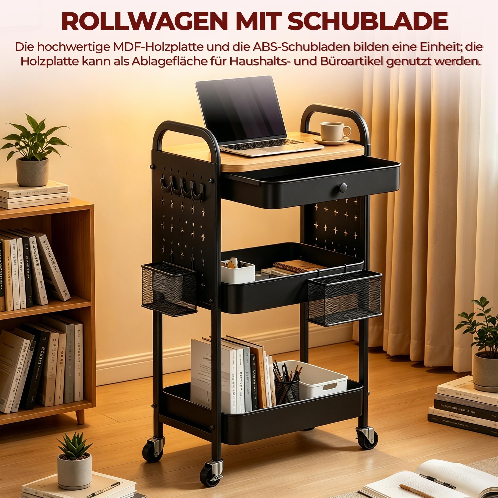 Rollwagen, Küchenwagen, 2 Metallgitterablagen und 1 Schublade, Servierwagen, 2 abnehmbare Lochplatten, 2 Hängekörbe, 4 Haken – Schwarz