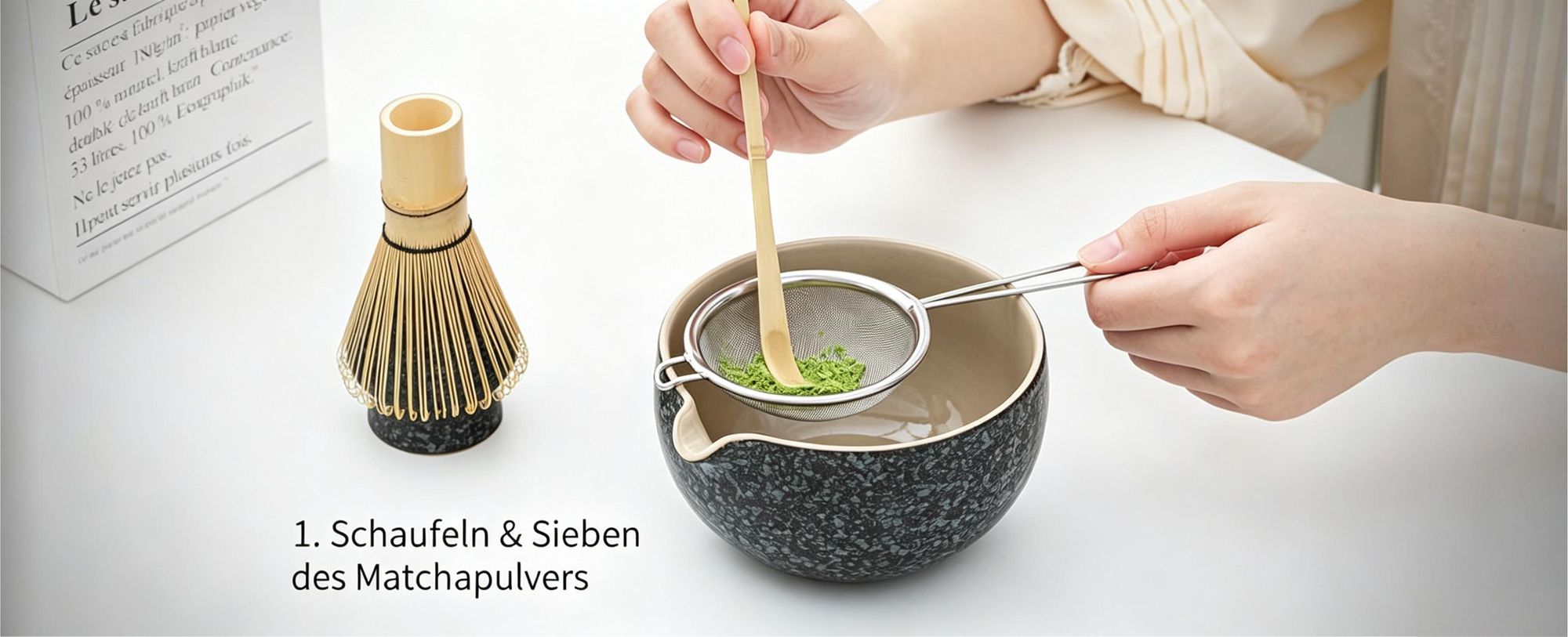 Matcha Set, 7-tlg. Komplettset, Matcha Schale mit Ausgießer, Bambus Besen, Zubehör für Matcha Zeremonie, Naturmaterialien, Geschenkidee