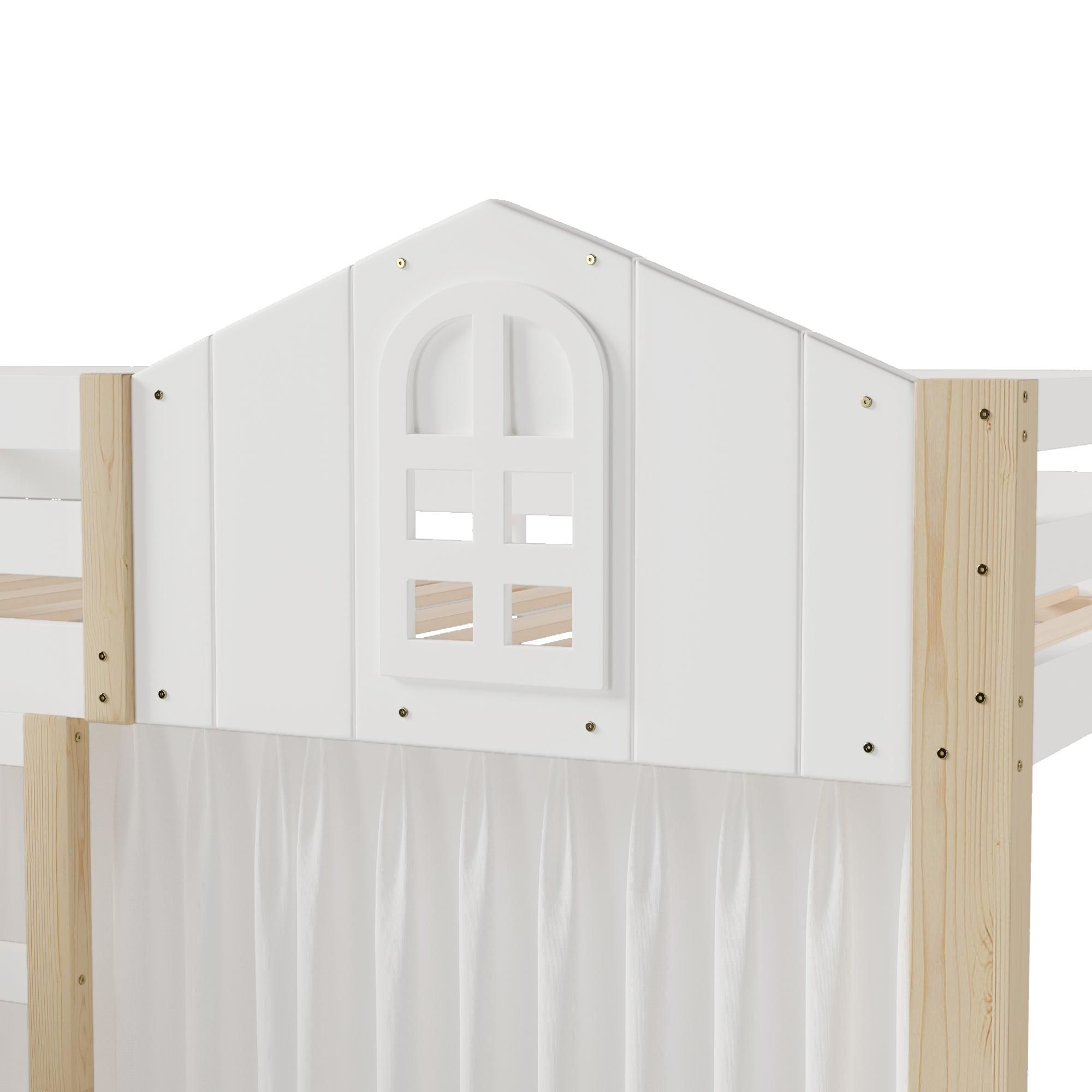 Flieks Etagenbett 90x200cm mit Led, Kinderbett Hausbett mit Bettvorhang, Hochbett Einzelbett mit Lattenrost und Rausfallschutz, Naturbelassen
