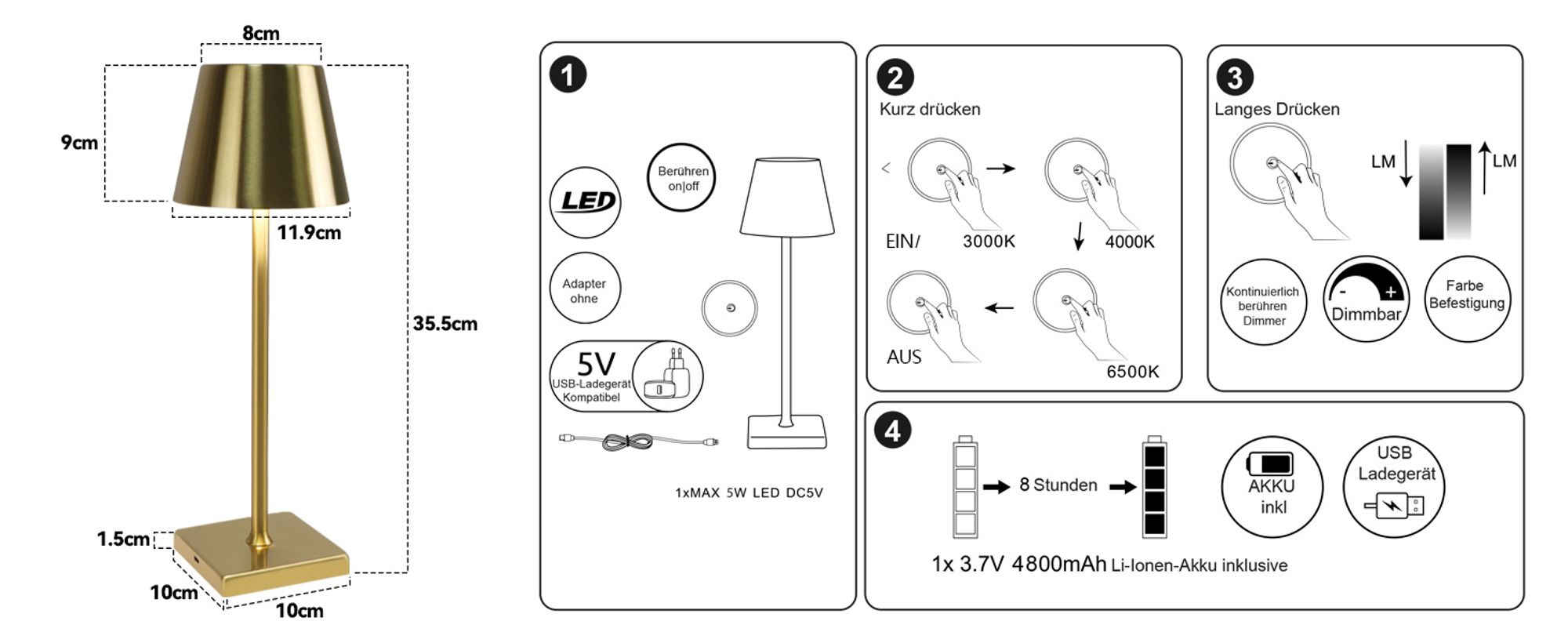 ZMH Tischlampe LED Tischleuchte 2er Set USB Kabellos Akku Lamp Touch Dimmbar Nachttischlampe 3 Farbtemperatur Gold Vintage Tischlampen für Schlafzimmer Nachttisch Wohnzimmer Restaurant