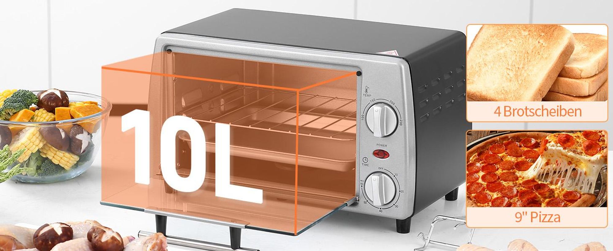 HOMCOM Mini Backofen 10 Liter 750W Kleiner Elektrobackofen, Silber
