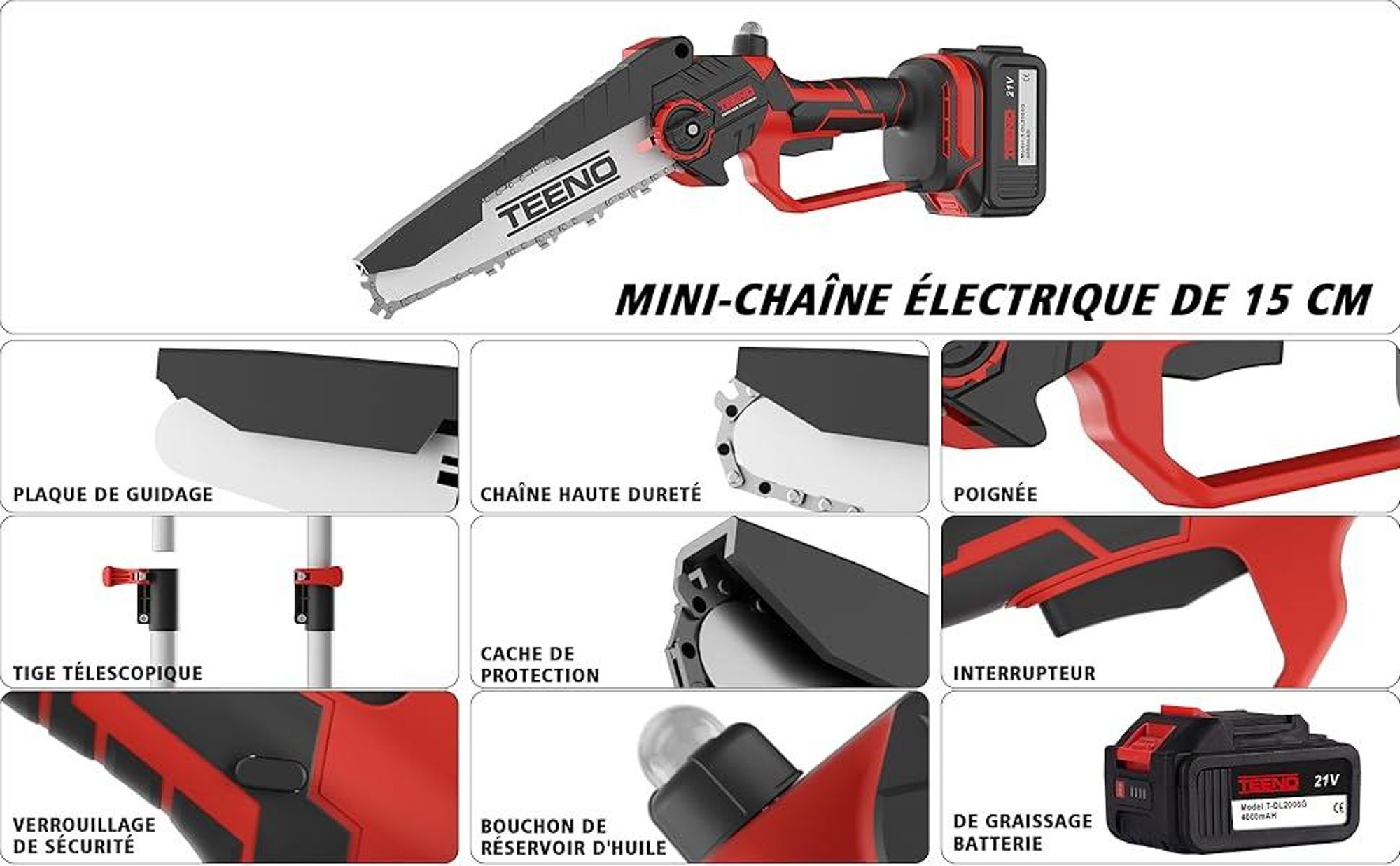 TEENO Tronçonneuse électrique, Tronçonneuse électrique 2 en 1, perche télescopique - détachable - Réglage à 180°, 6 pouces, 2 x 4000 mAh batteries
