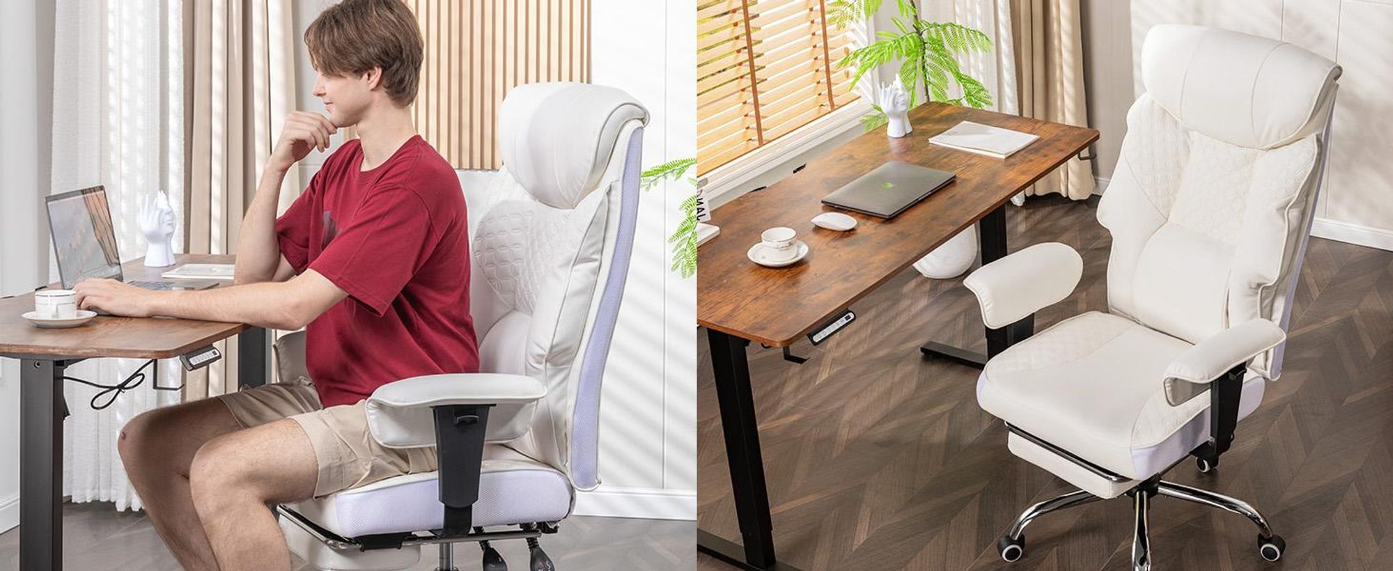 COMHOMA Gaming Stuhl für Große und Schwere Personen, ergonomischer Bürostuhl bis 180 kg, 3D Sitzkissen, verstellbar mit Fußstütze, Kunstleder, Weiß