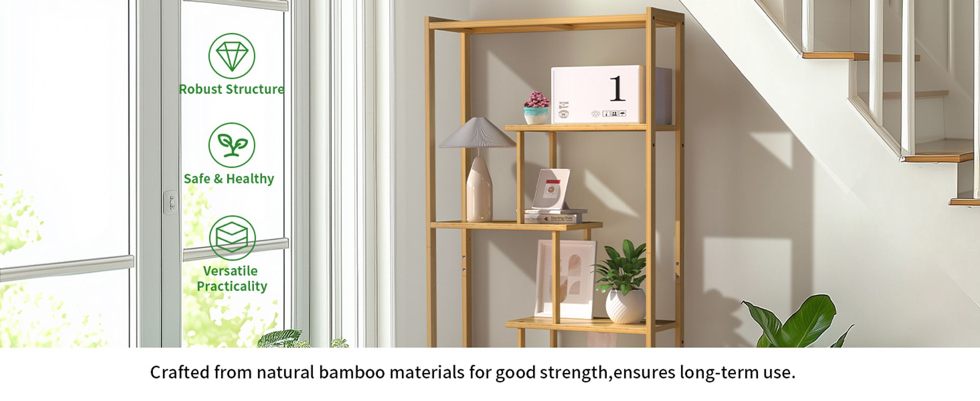 WISFOR Bücherregal mit 6 Ebenen, Bambus Büroregal mit Schrank, Standregal, Freistehendes Regal für Wohnzimmer, Bad, Küche, Natur, 85,5 x 28 x 176 cm
