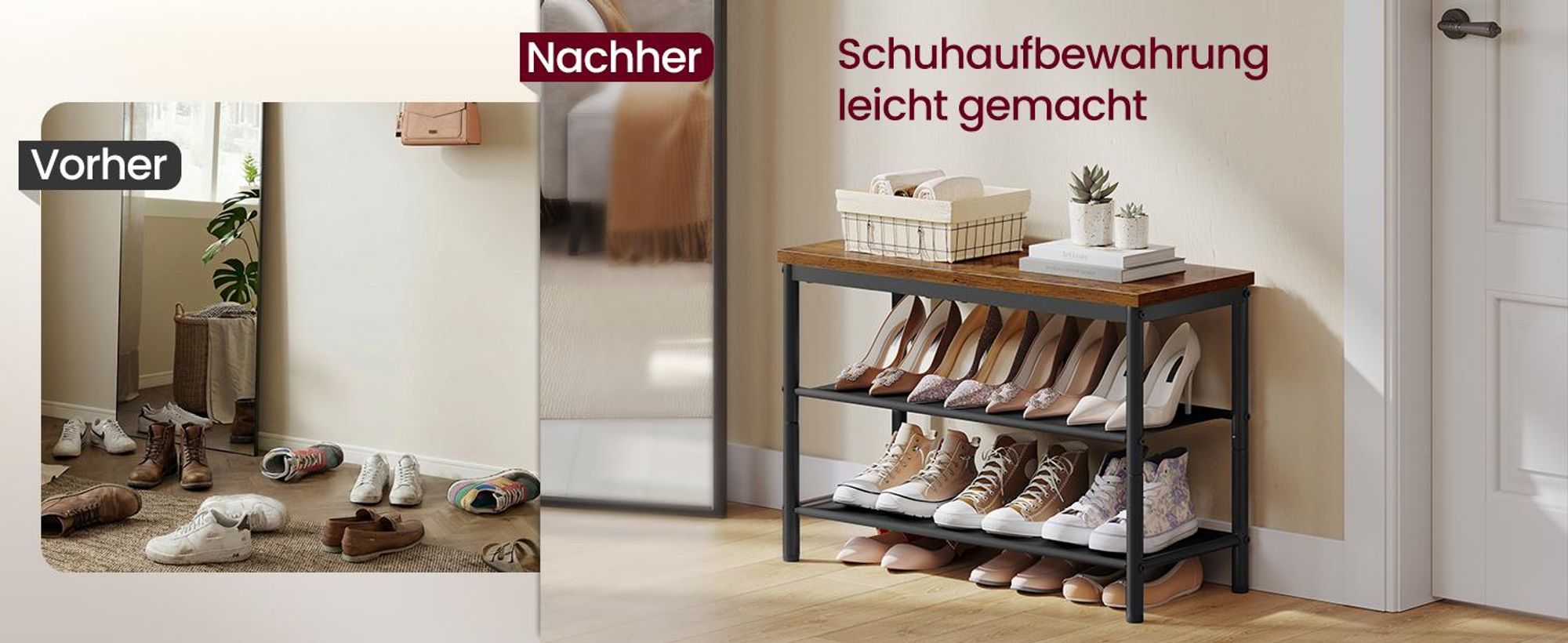 VASAGLE Schuhregal aus Metall mit 3 Ebenen, Schuhablage für Flur, platzsparend, braun-schwarz