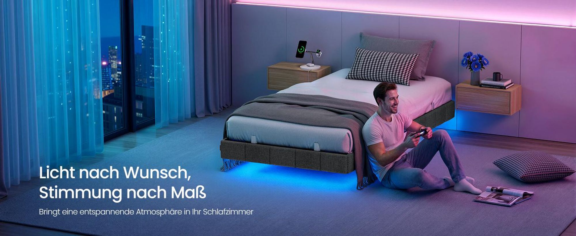 VASAGLE Bettrahmen 90 x 200 cm, mit LED-Beleuchtung, Bettgestell, schwebender Effekt, Steckdosenleiste, grau
