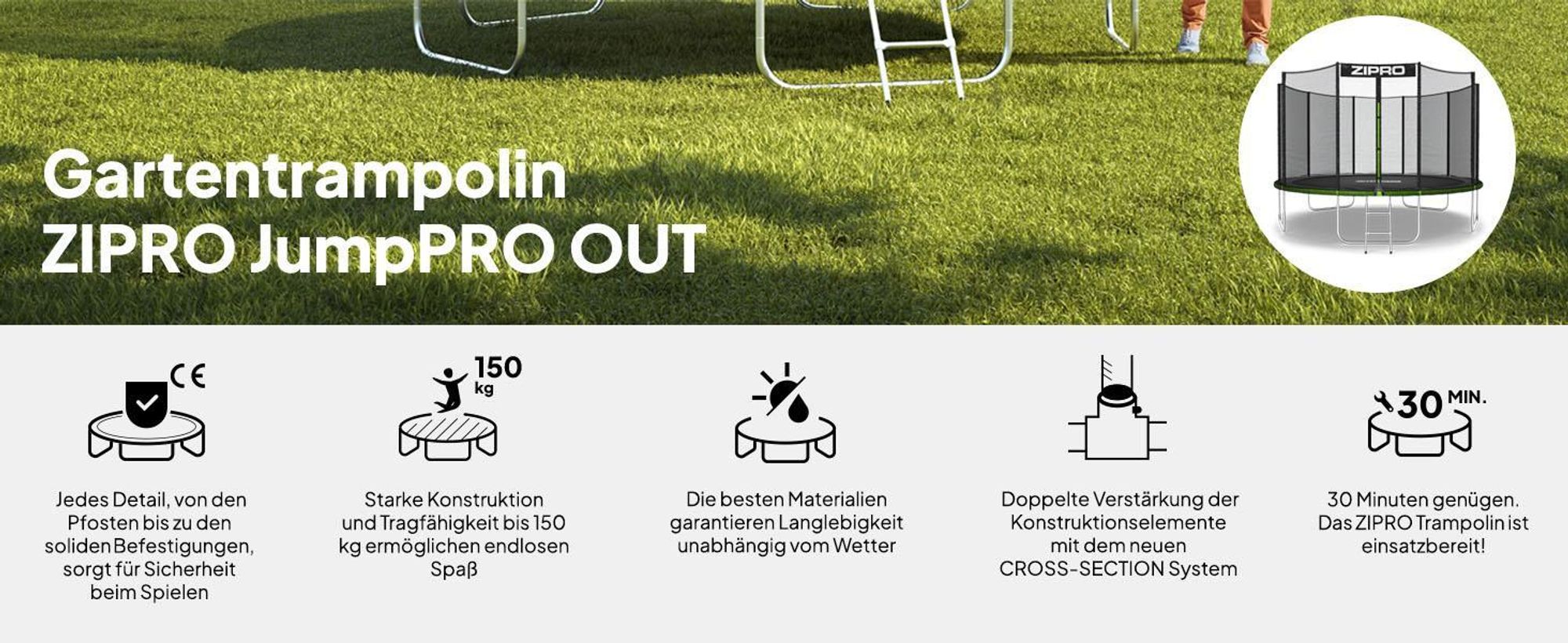 ZIPRO Trampolin Jump Pro Out | 12FT Ø 374 cm | Gartentrampolin Kindertrampolin Komplett-Set inkl. Außennetz, Leiter & Randabdeckung, Outdoor, Grün