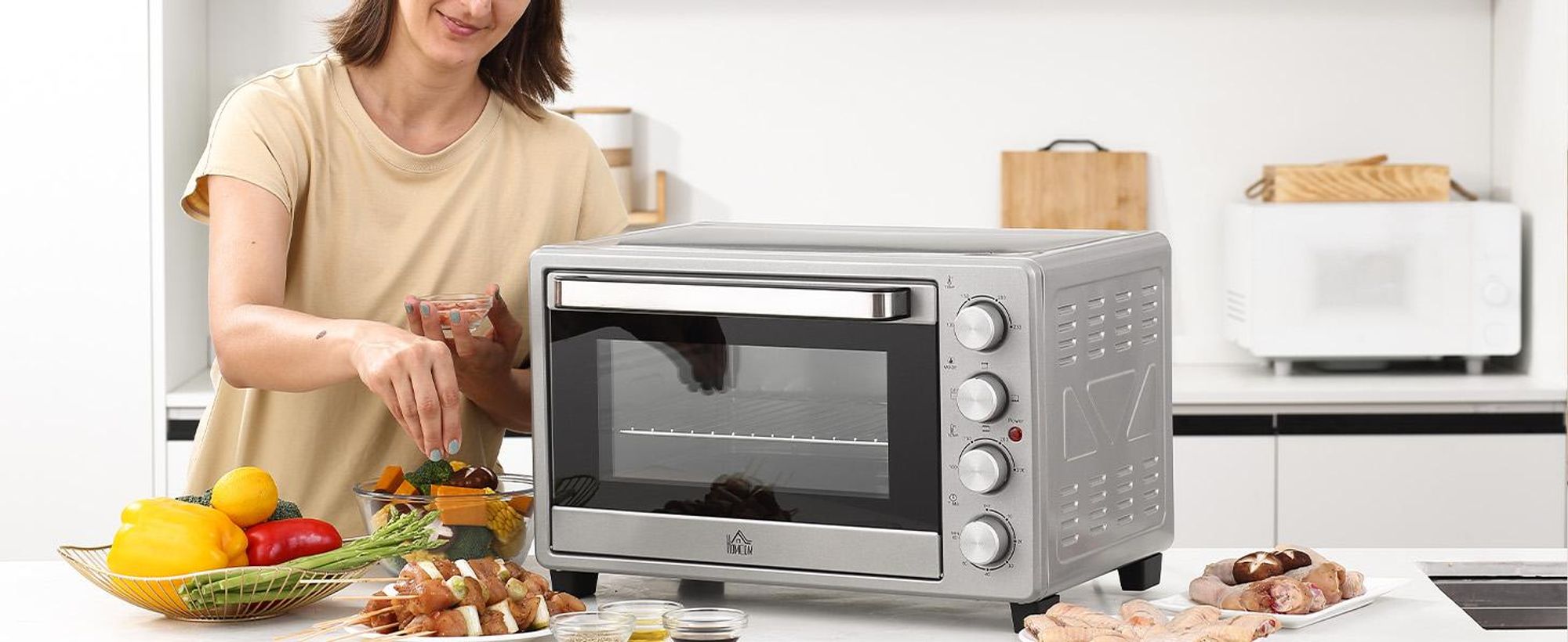Homcom Minibackofen 32L 1600W Elektrischer Mini Ofen mit Schlackenauffangwanne Metall Edelstahl Glas Silber 52,2 x 38,1 x 33,5 cm, 32 l, Silber, Freistehend, Drehregler, 6 Scheibe(n), 100 - 230 °C