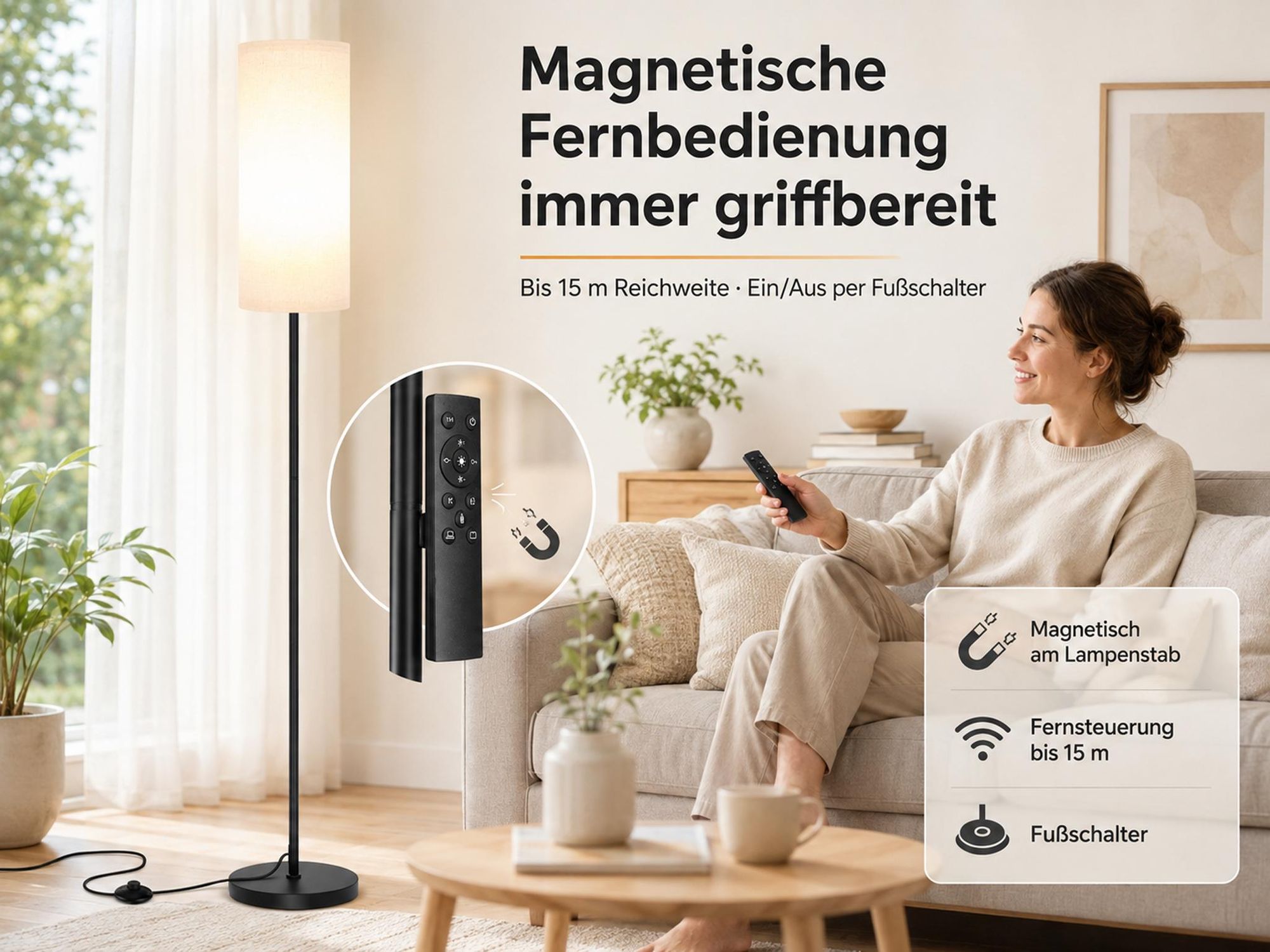 160cm LED Stehleuchte mit Leinenschirm Dimmbar Stehlampe mit Fernbedienung & Fußschalter Timer Nachtlicht Modus LED Lampe Warmweiß Retro Wohnzimmer
