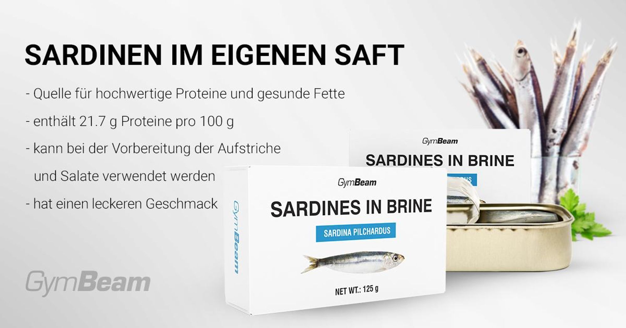 GymBeam Sardinen in Salzlake - Hochwertige Proteinquelle, Sardinen in Salzlake aus Marokko, 100 g enthalten 21,7 g Protein und 2,2 g Fett, praktische Verpackung, perfekt für Salate und Brotaufstriche