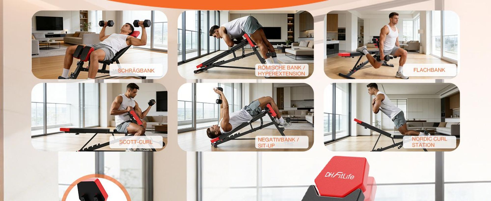 DH FitLife 2026 Premium 6-in-1 Hantelbank Verstellbar, Multifunktionale Trainingsbank, Schrägbank, Flachbank, Rückentrainer, 350kg
