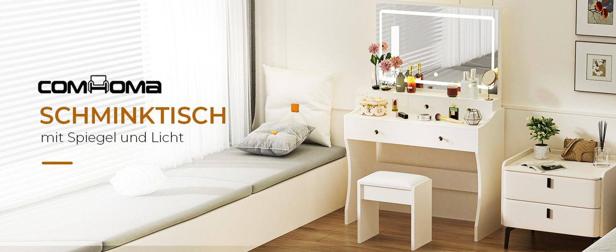 Schminktisch mit Spiegel und LED, 5 Schubladen, 80 x 40 x 135 cm mit Hocker Steckdosen+verstellbaren LED-Beleuchtung, weiß