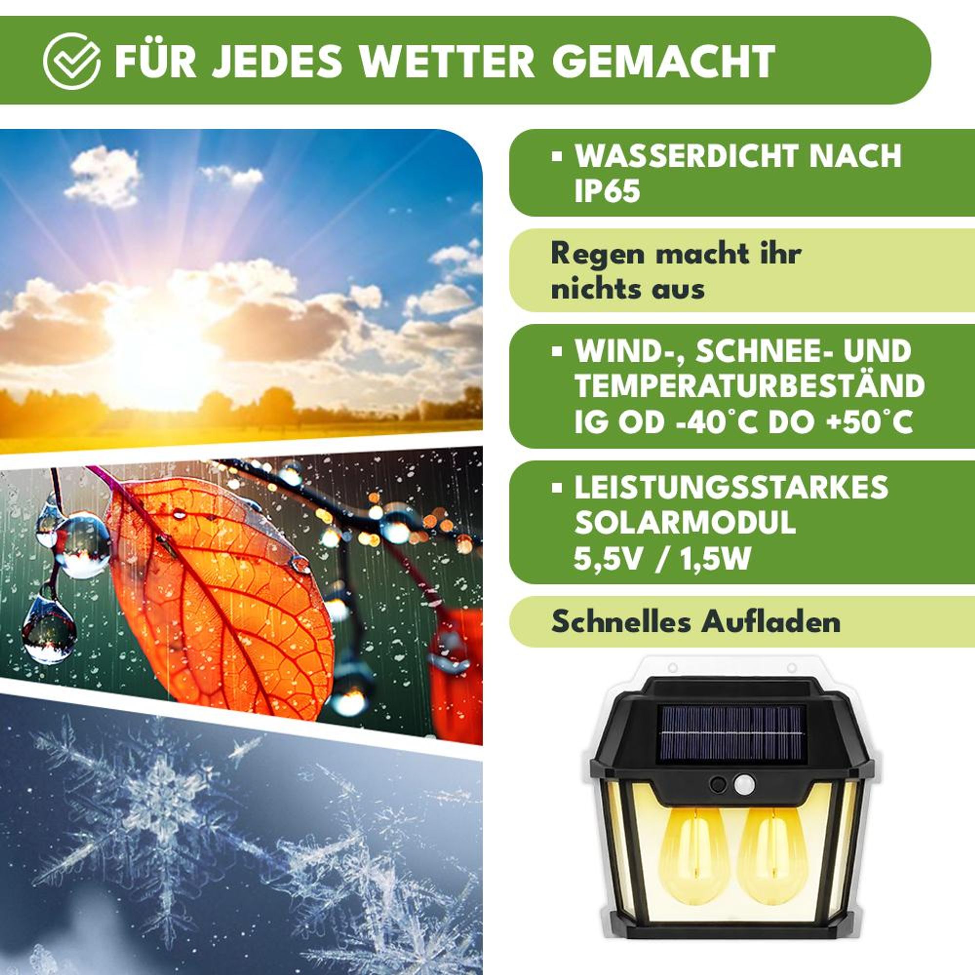 KRUMAD Solarleuchte Außen 600 lm warmweiß, mit Bewegungs- & Dämmerungssensor, 3 Modi, IP65, PIR 120°/5–8 m – für Garten, Terrasse, Wand