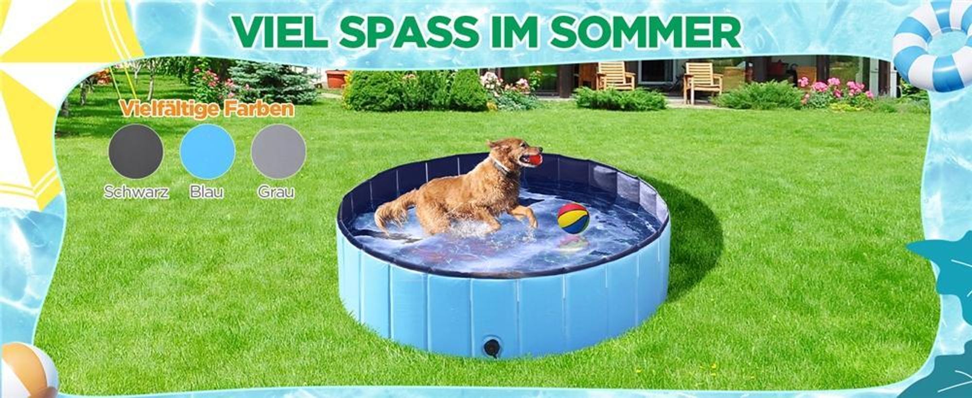 Yaheetech Faltbare Hundepool ⌀180 cm, Planschbecken für Hunde, mit Badebürste & 4 Flicken, Anti-Rutsch Hundebadewanne aus PVC, Blau