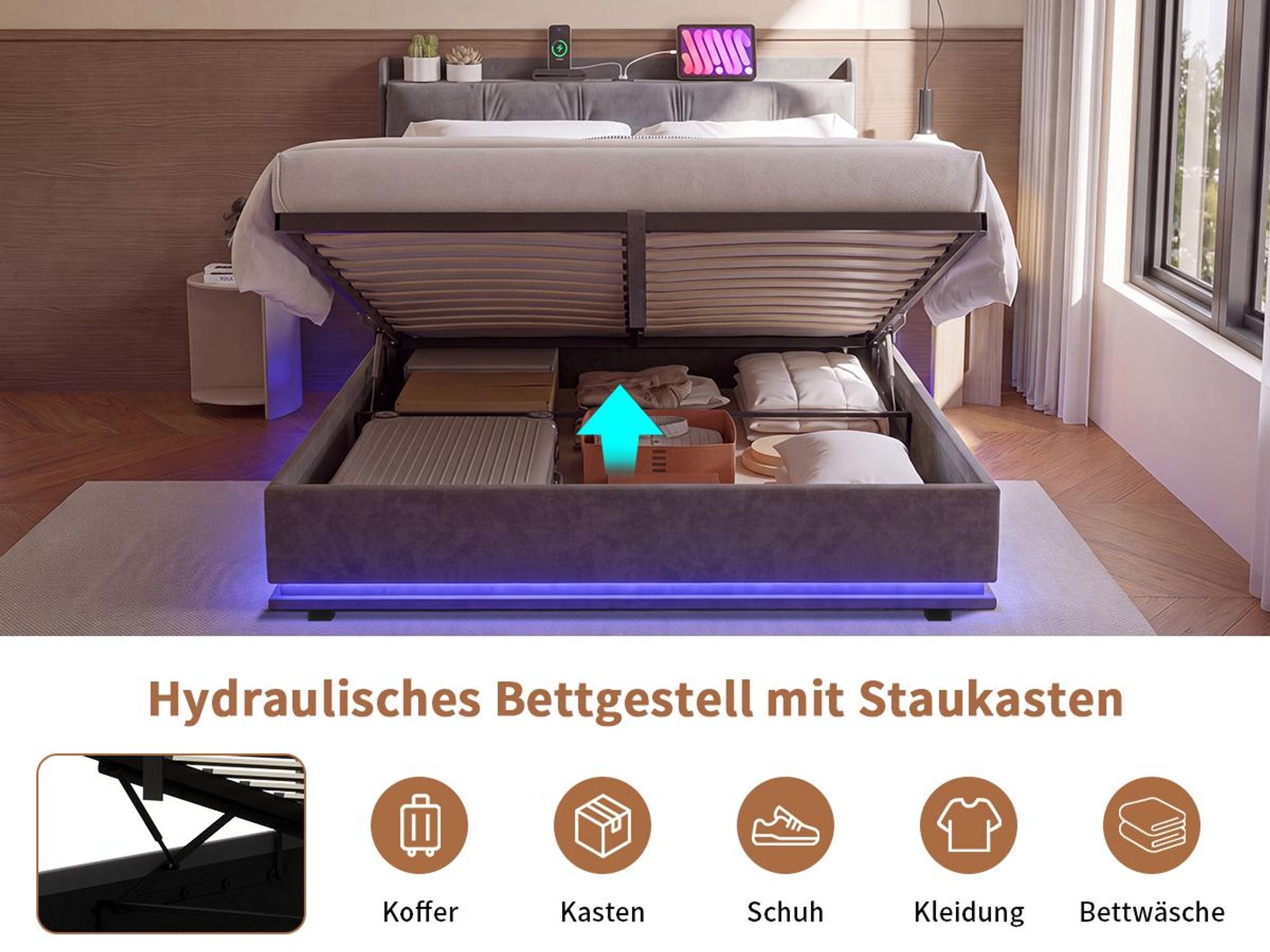 INONEFT Boxspringbett Polsterbett 160x200 mit LED und USB,Hydraulisches Stauraumbett mit Kopfteil und Lattenrost,Doppelbett Jugendbett,Samt,Grau