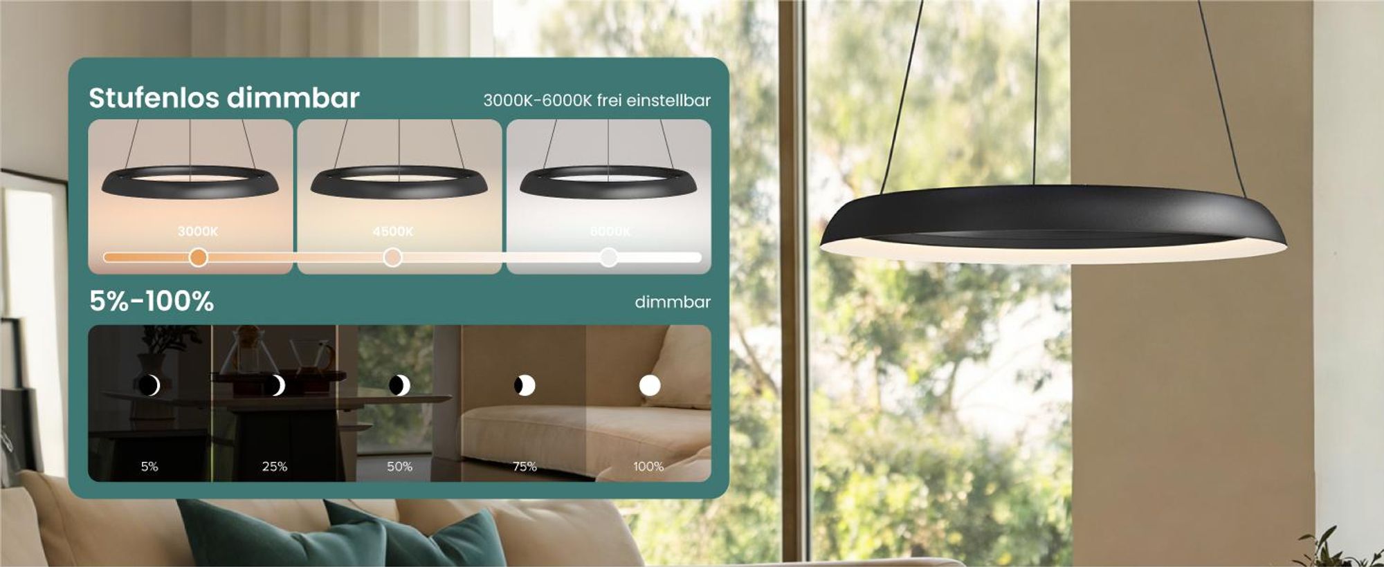 Mai & Mai Pendelleuchte Esstisch, 40cm LED Hängelampe, stufenlos dimmbar höhenverstellbare 20W Esstischlampe mit Fernbedienung Sandschwarz Luvina04