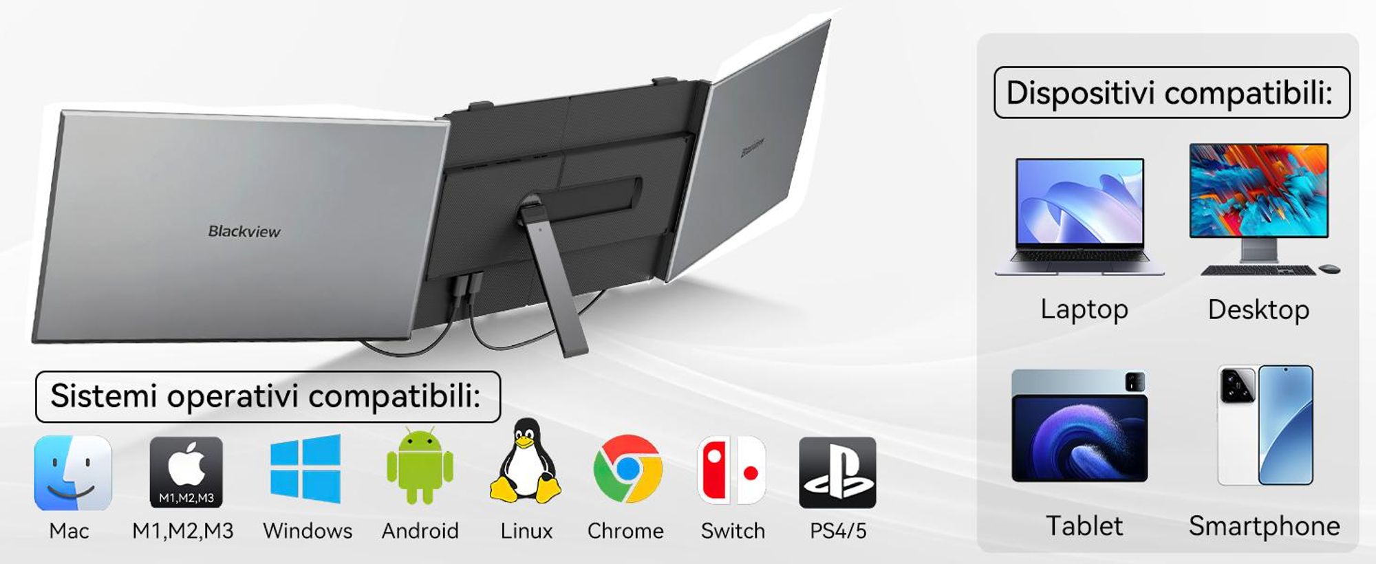 Blackview DCM6, monitor portatile da 14", monitor per laptop a doppio schermo, ultrasottile, FHD, compatibile con laptop da 13,3" a 17,3", ruotabile a 180°, compatibile con Windows/Mac/Android
