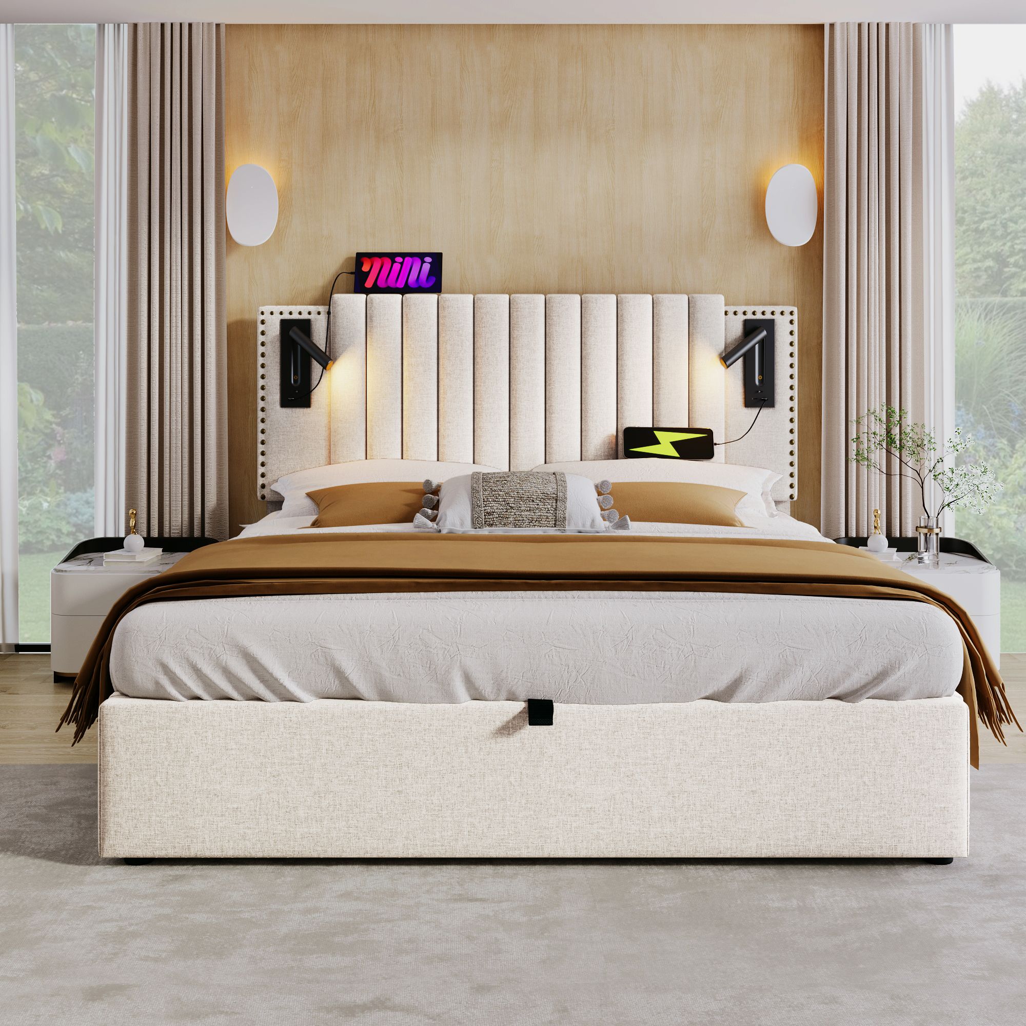 Flieks Polsterbett 160x200cm mit Leselampe, Doppelbett Stauraumbett Boxspringbett mit Ladefunktion (USB, Typ-C), Jugendbett mit Lattenrost, Baumwolle